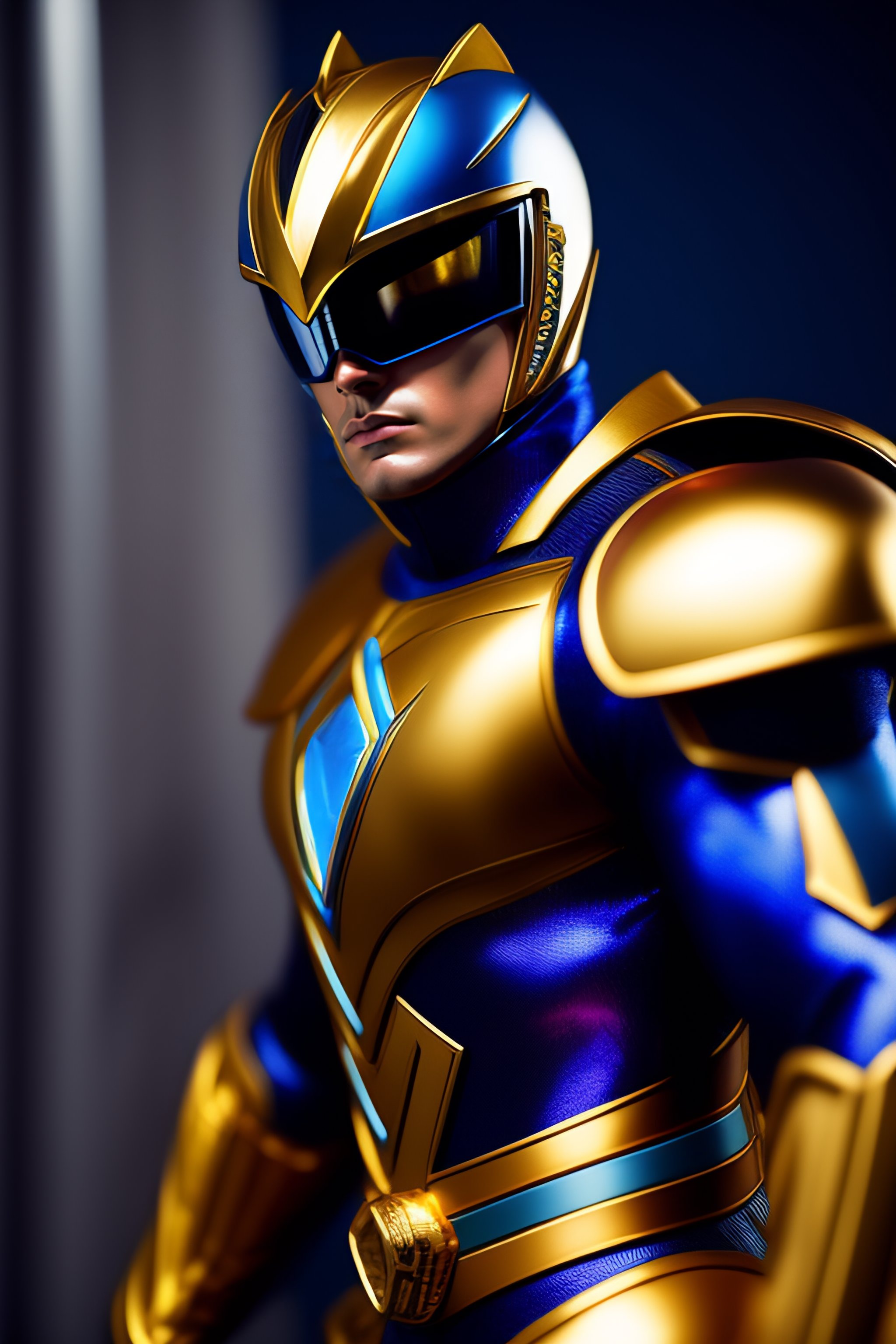 Lexica - A male blue and gold cartoon power ranger with a minigun