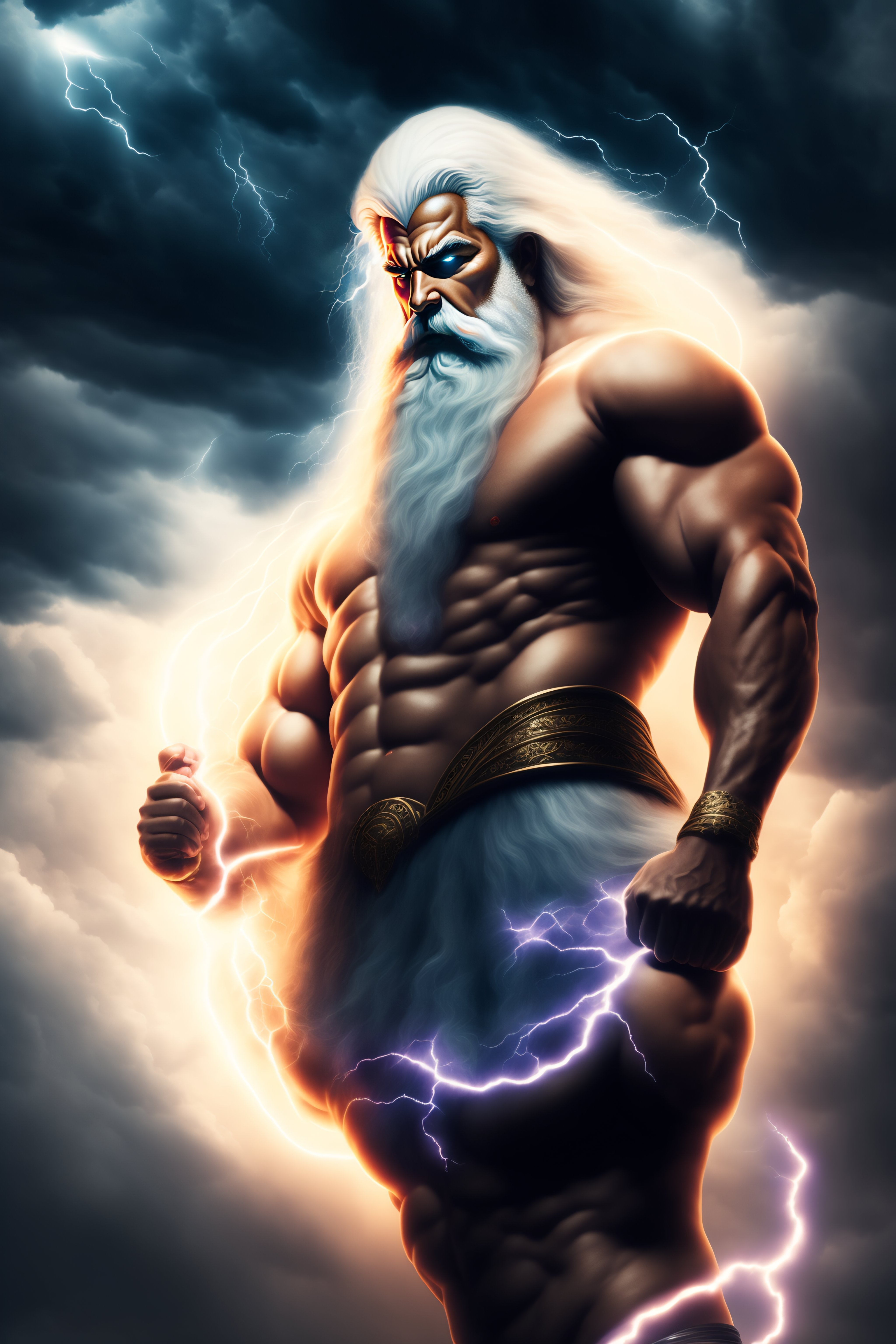 Lexica - Old God Zeus, With Long White Hair, In The Sky, With Athletic 