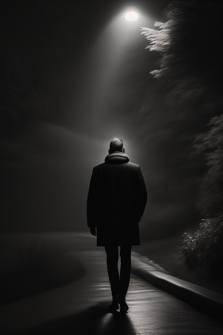 Lexica - Black and white photo, lonely man walking in the dark. His head  looks at the ground, he has a depressed posture, in the distance very  strong...