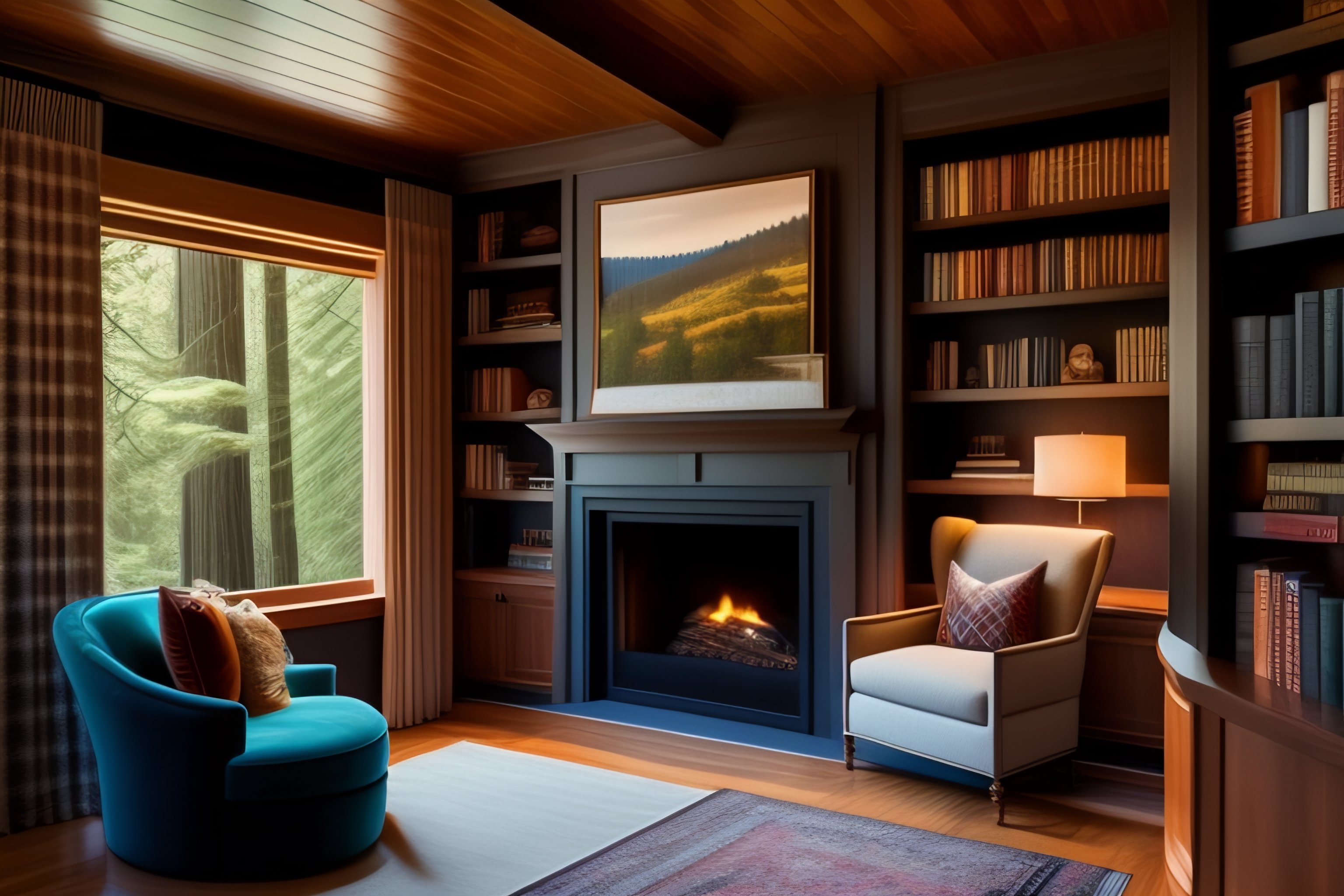 Lexica - Reading nook with bookshelves and fireplace overlooking ...