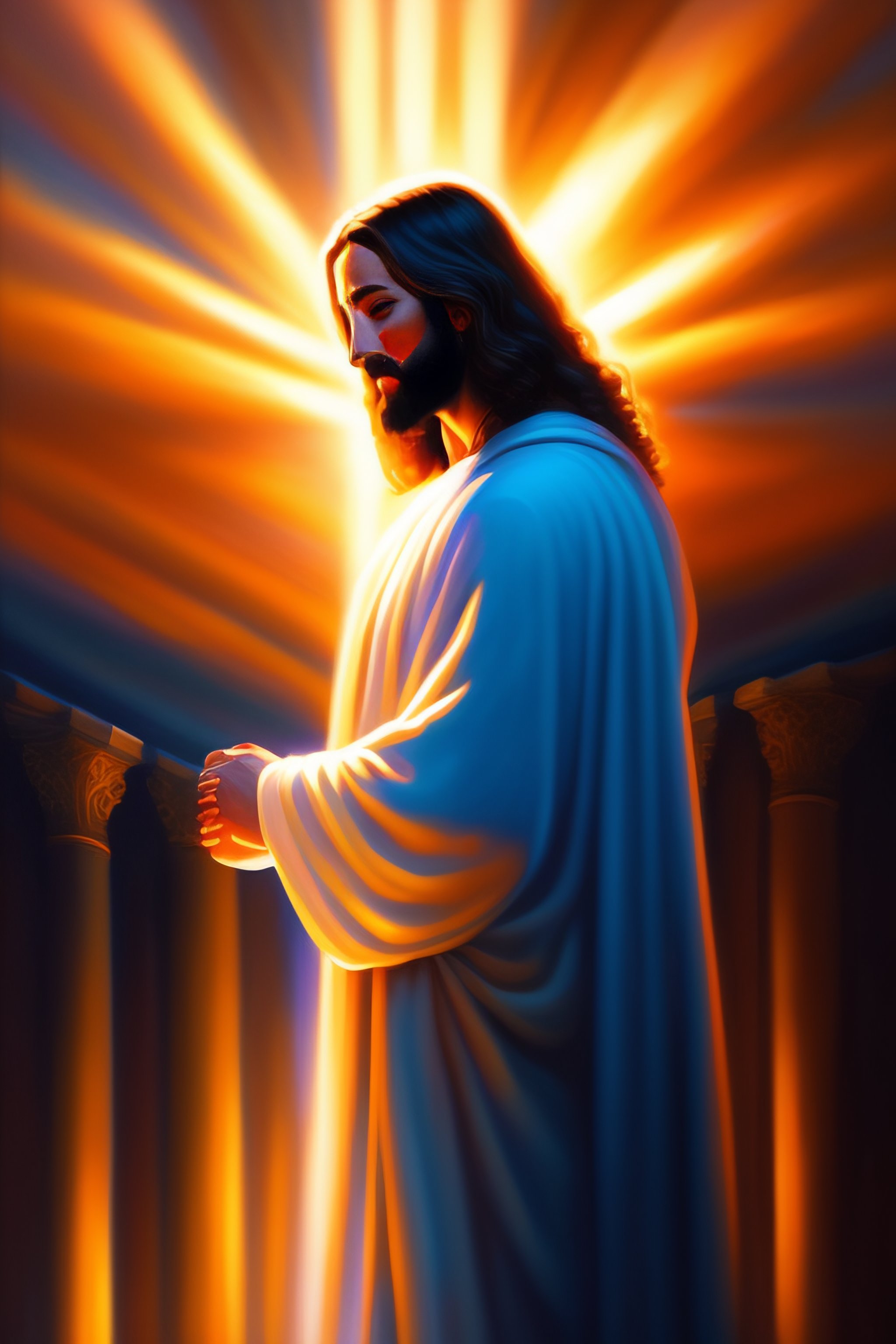 Lexica Hyperrealistic painting of Jesus in a blue robe, with rays of