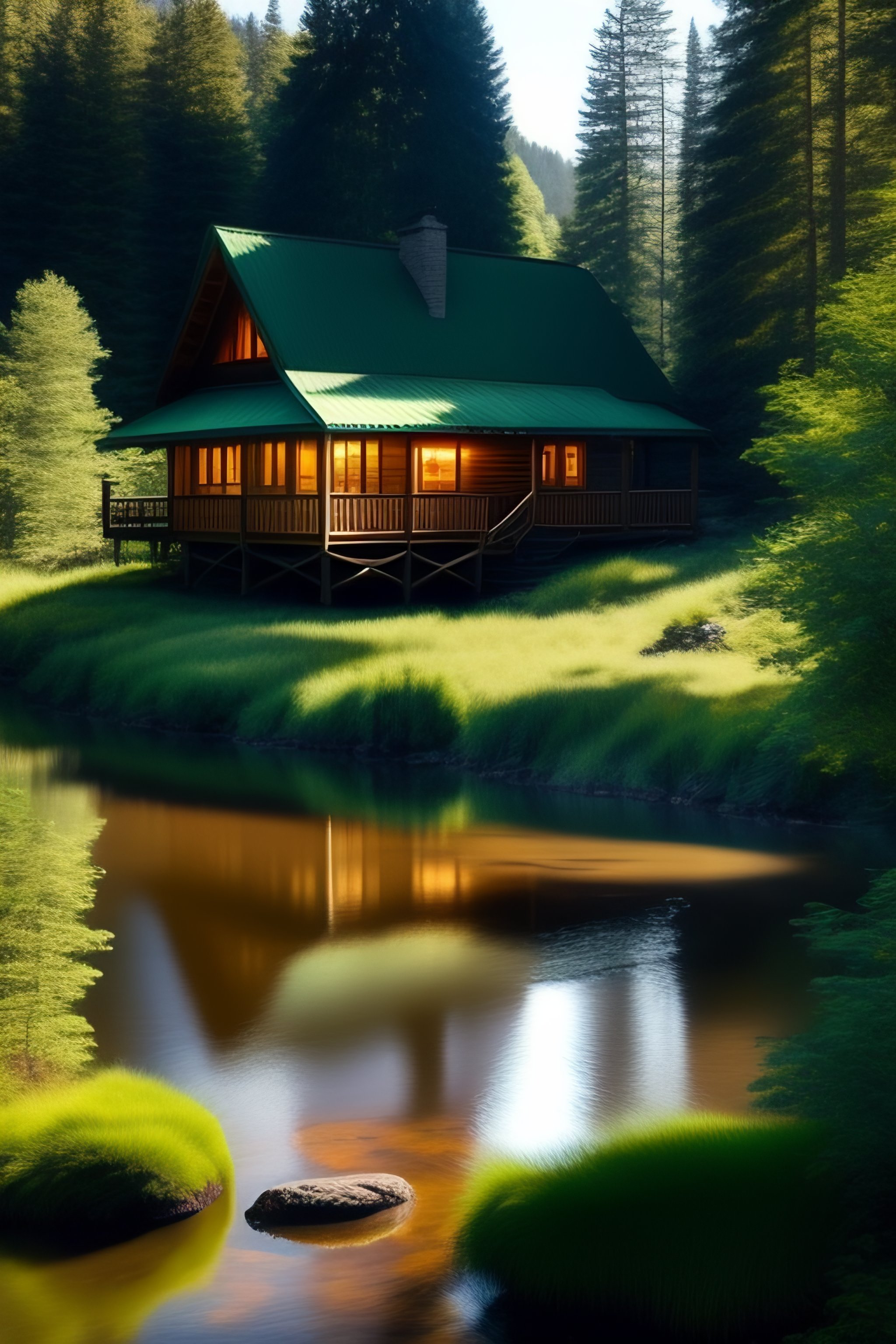 Lexica - A cozy wooden cabin sits at the edge of a peaceful river ...