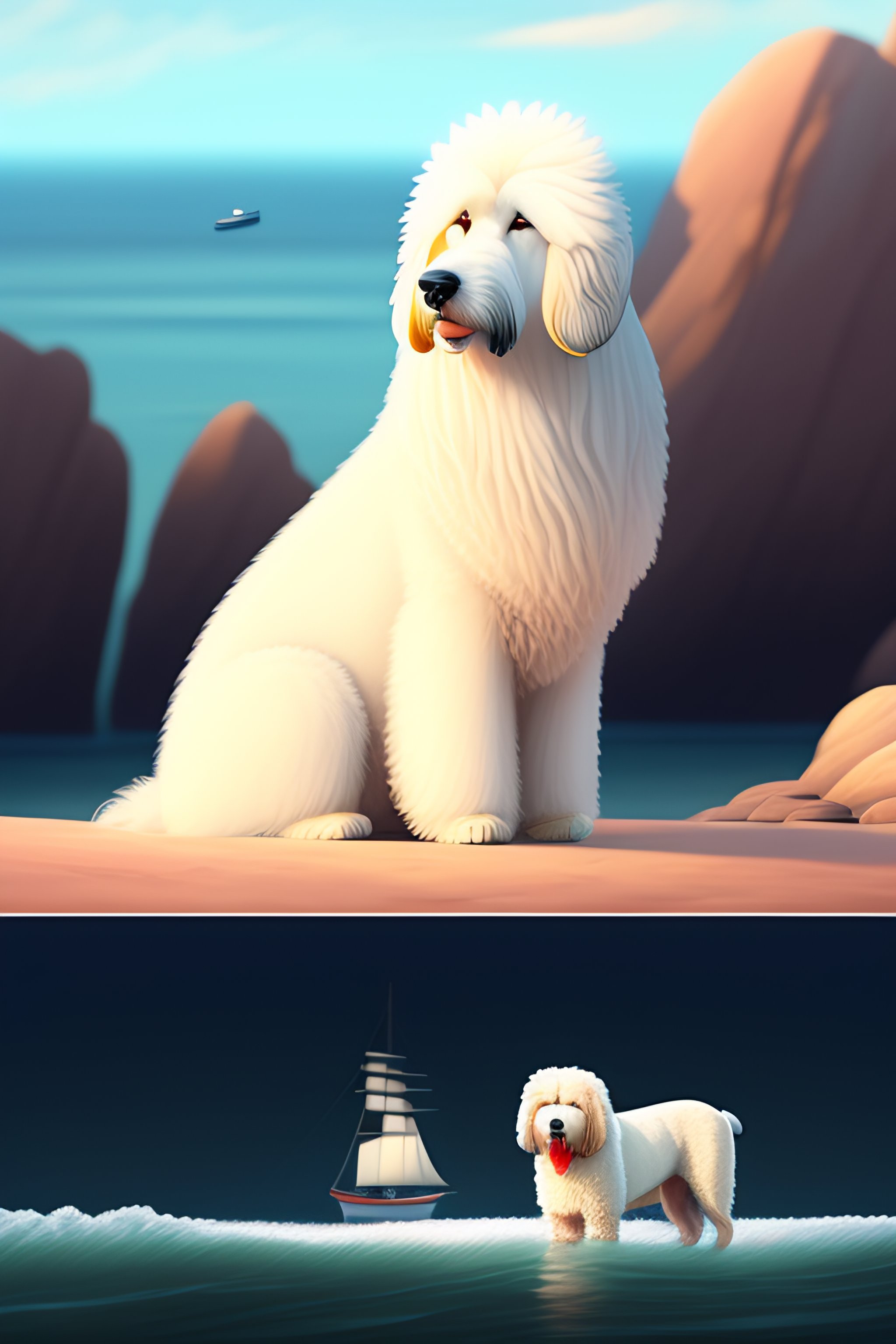 Lexica A cream colored Old English Sheepdog dog, sailing on an