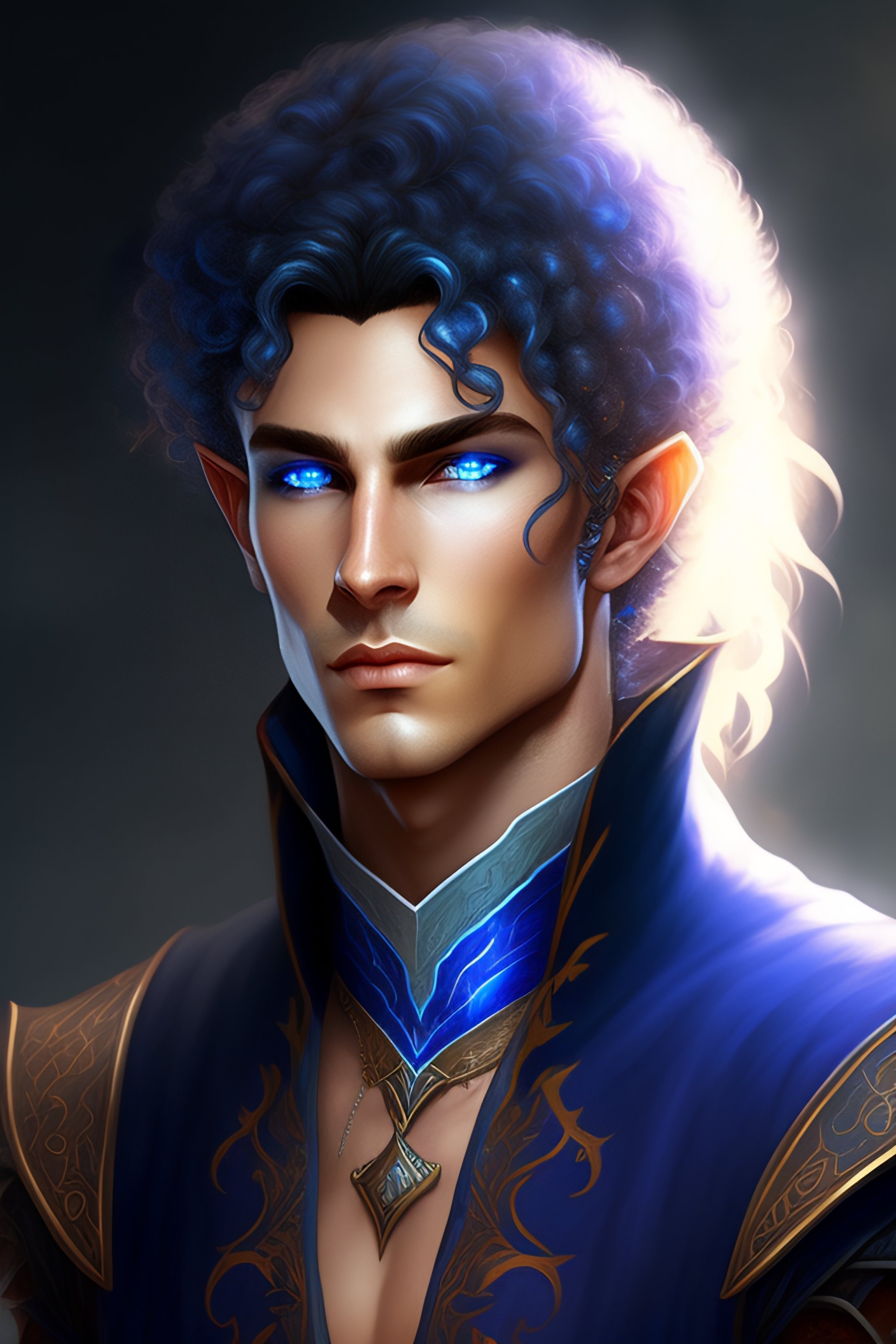 Lexica A half elf male fey sorcercer with piercing blue eyes and dark