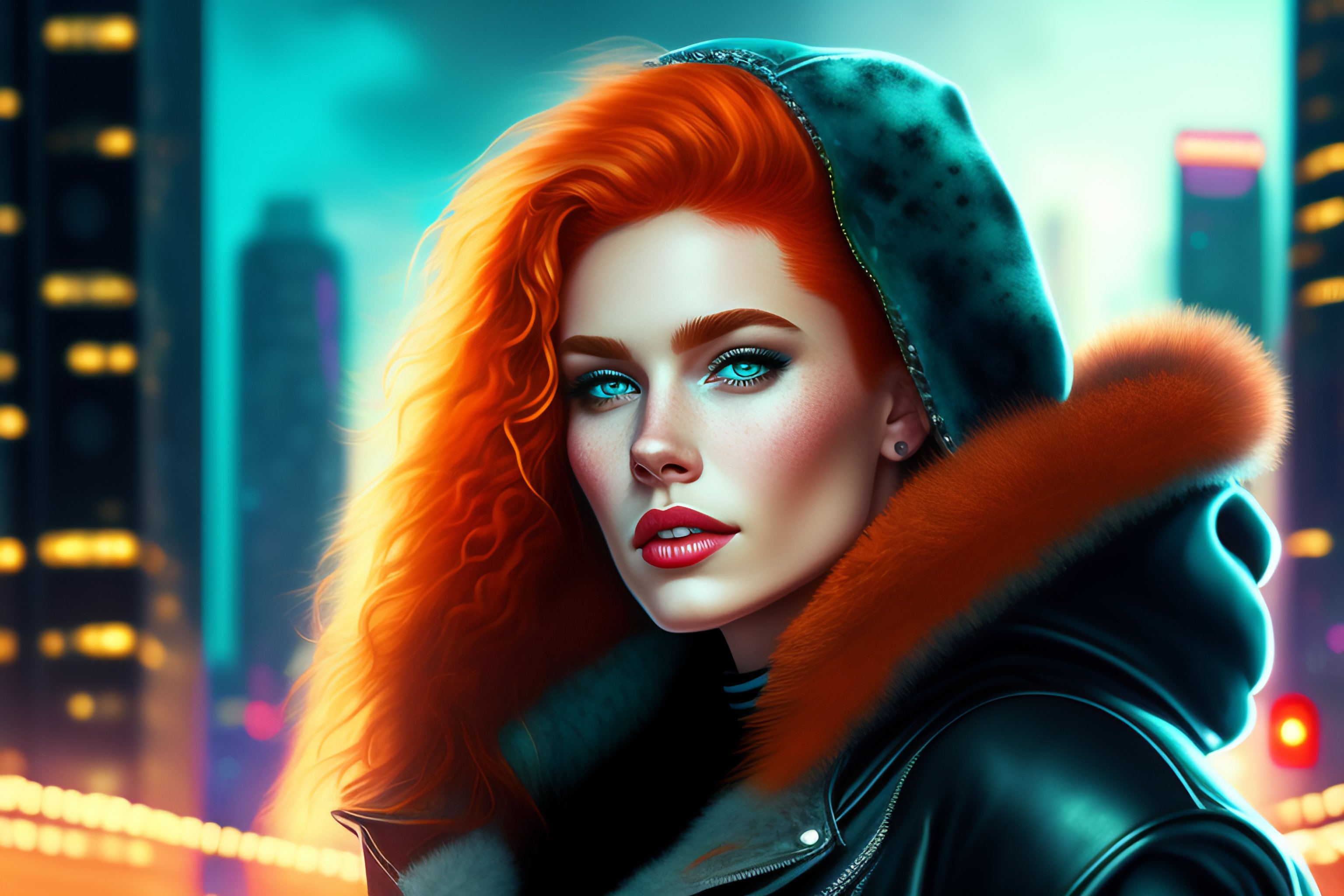 Lexica - Сute punk rock girl, 80s style, leather jacket, fur collar ...
