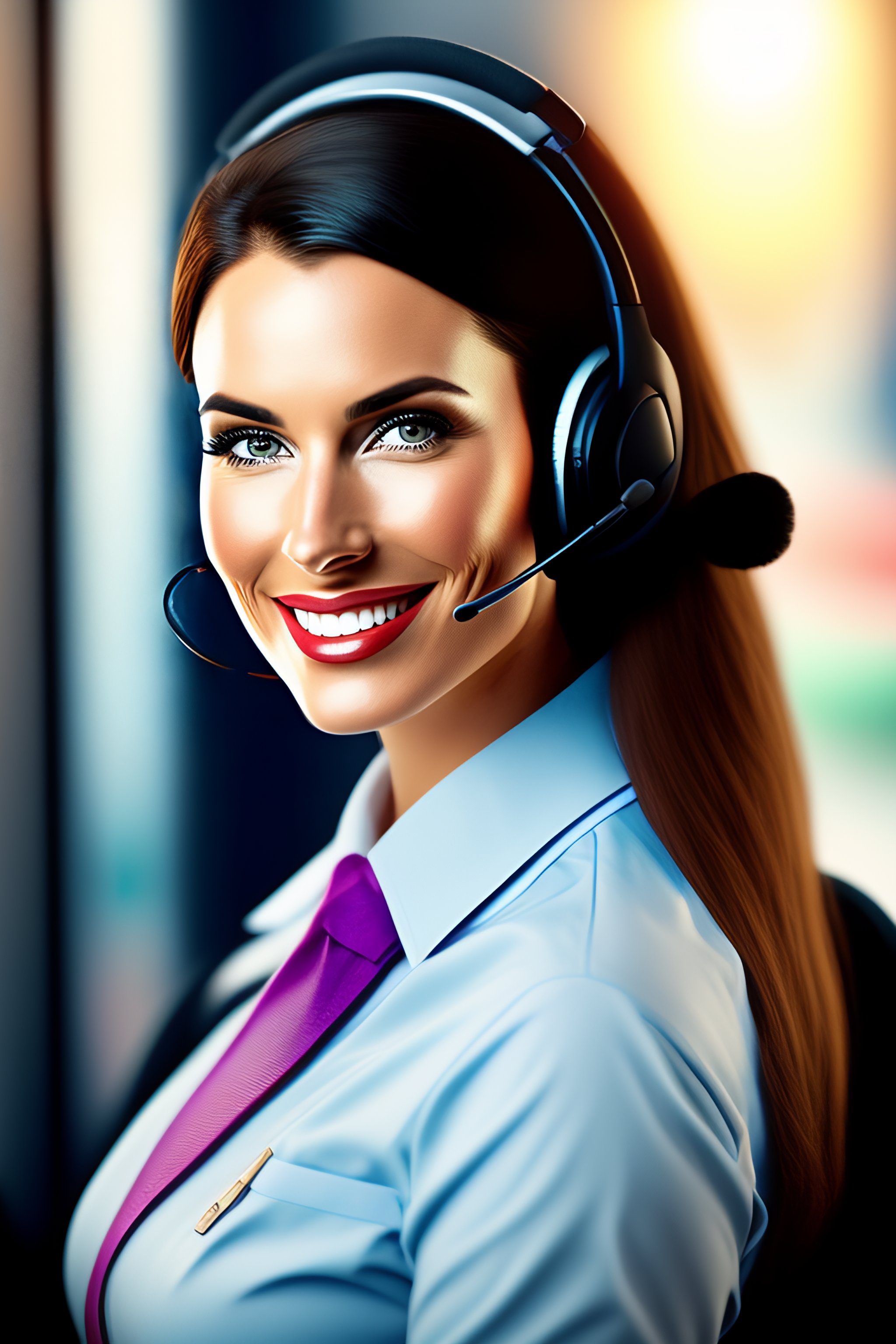  Elegantní operátorka sedí za moderním pracovním stolem v překladatelském centru Praha. Její dlouhé vlasy jsou upraveny do volného drdolu a září z nich zdravý lesk. Má na sobě elegantní bílou halenku a tmavou vestu, která zdůrazňuje její profesionální vzhled. Na stole před ní je špičkový počítač s otevřeným překladatelským softwarem, sluchátka a několik slovníků v různých jazycích. V pozadí můžeme vidět stěnu s certifikáty a oceněními tohoto překladatelského centra. Na vedlejším stole je elegantní květinová dekorace a kávový šálek. Světlo procházející velkými okny naplňuje místnost teplým slunečním světlem, což dodává prostředí přívětivou a klidnou atmosféru. Je zřejmé, že operátorka je hrdá na svou práci a je připravena poskytnout profesionální služby svým zákazníkům.