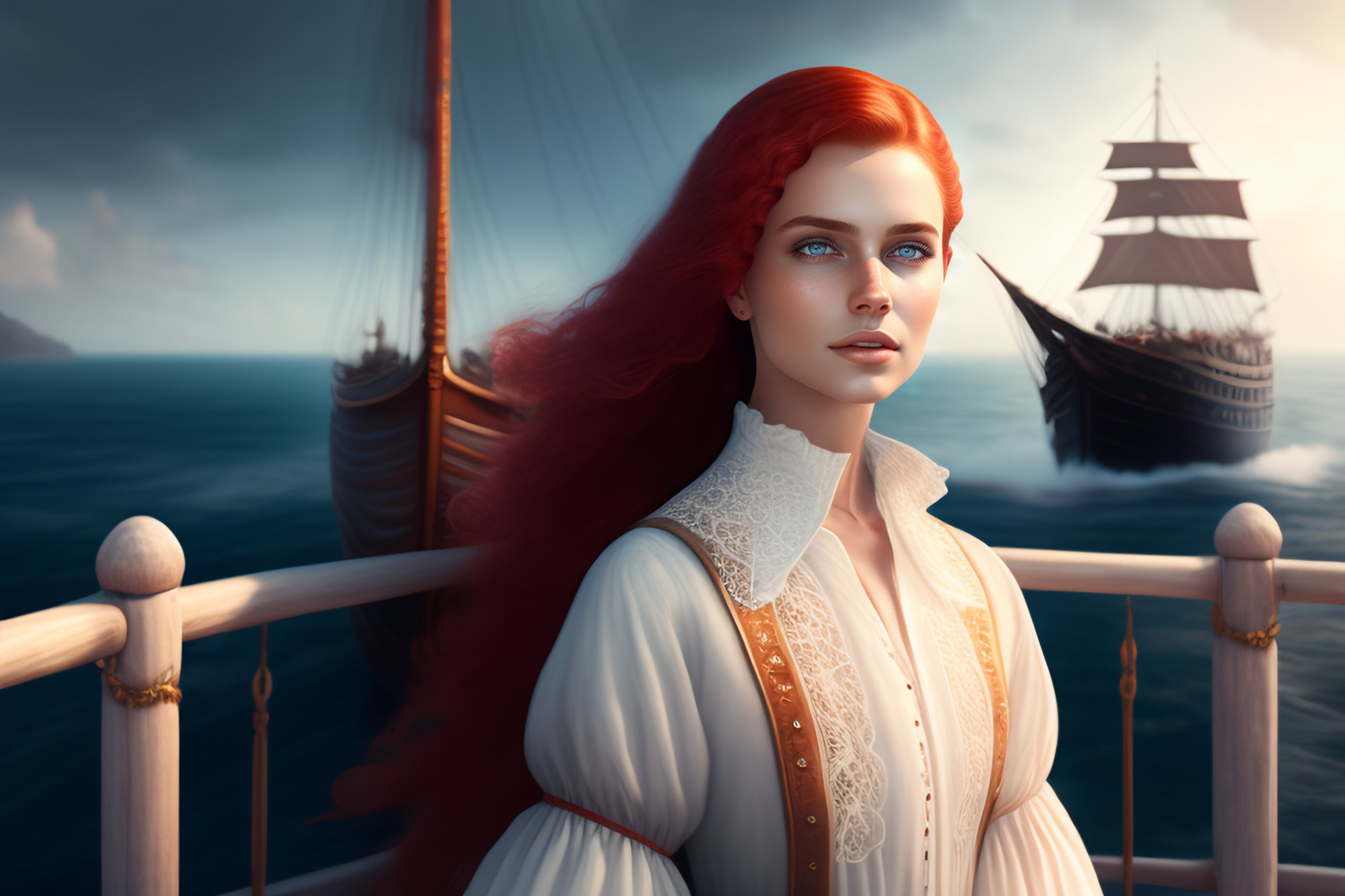 Lexica - Young girl in a white antique lace shirt on the deck of an ...
