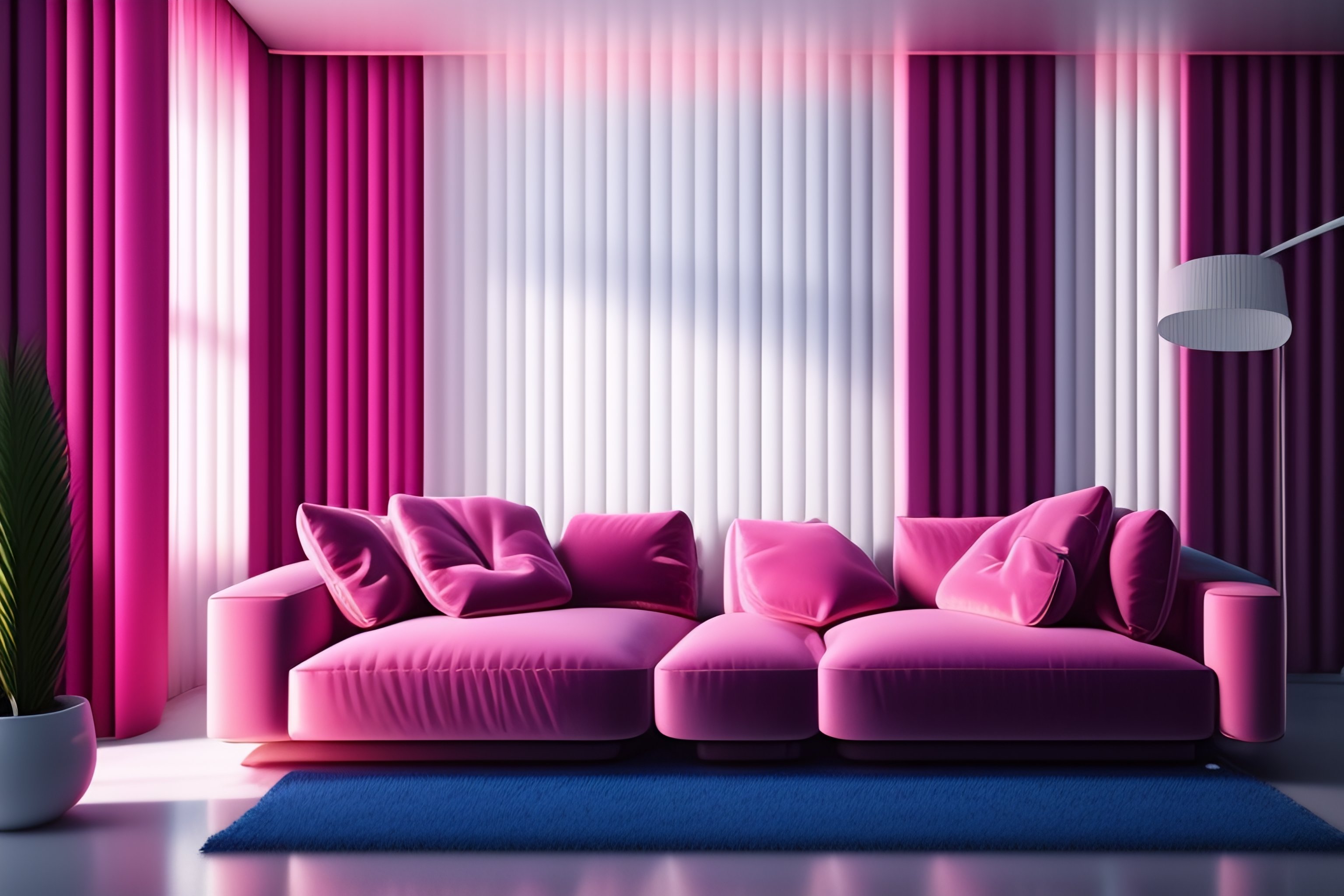 Lexica Pink velour sofa, white walls, daytime, soft light through