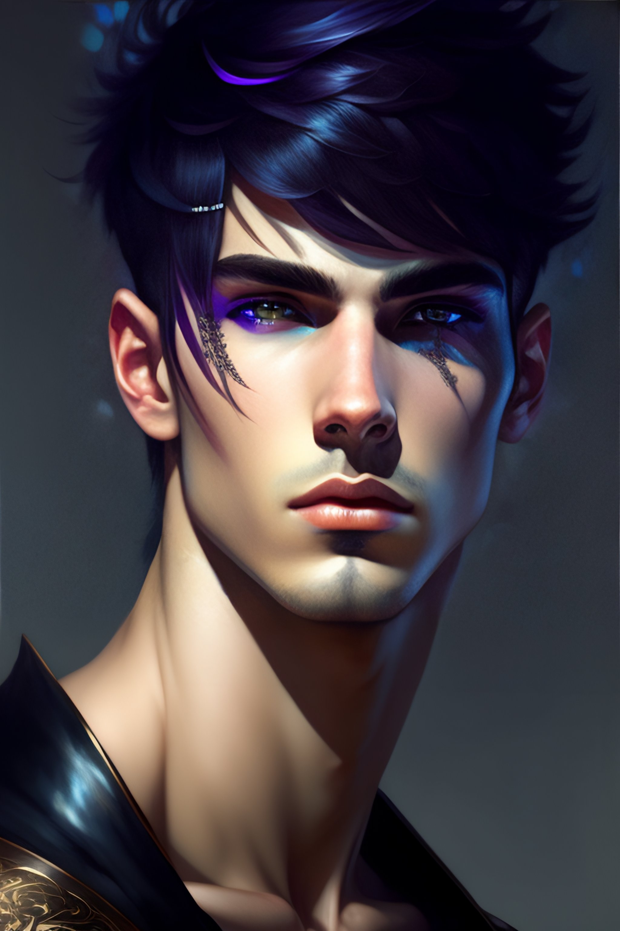 Lexica Young male with purple and black short hair bangs covering the