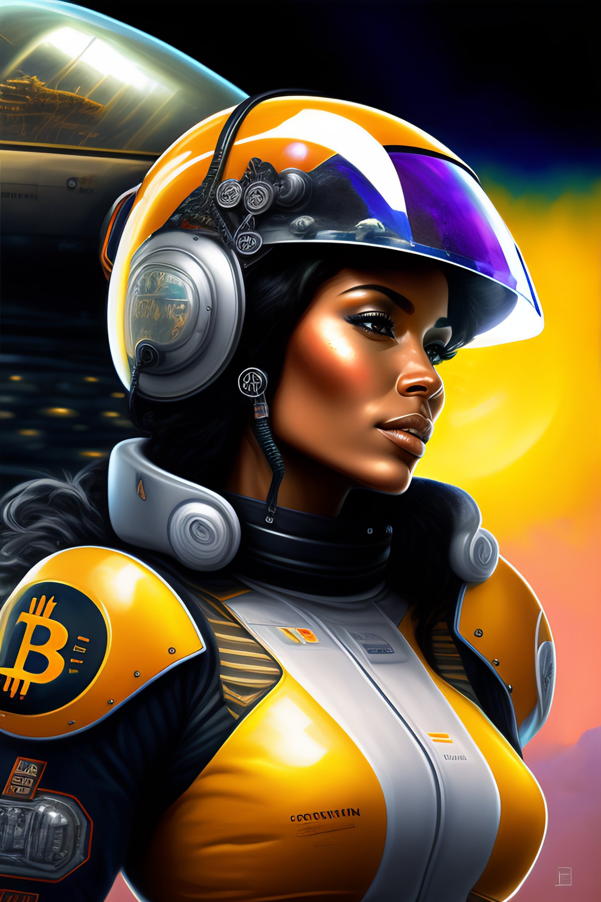 Lexica - Cyborg pilot women, with a bitcoin coin name in the helmet ...