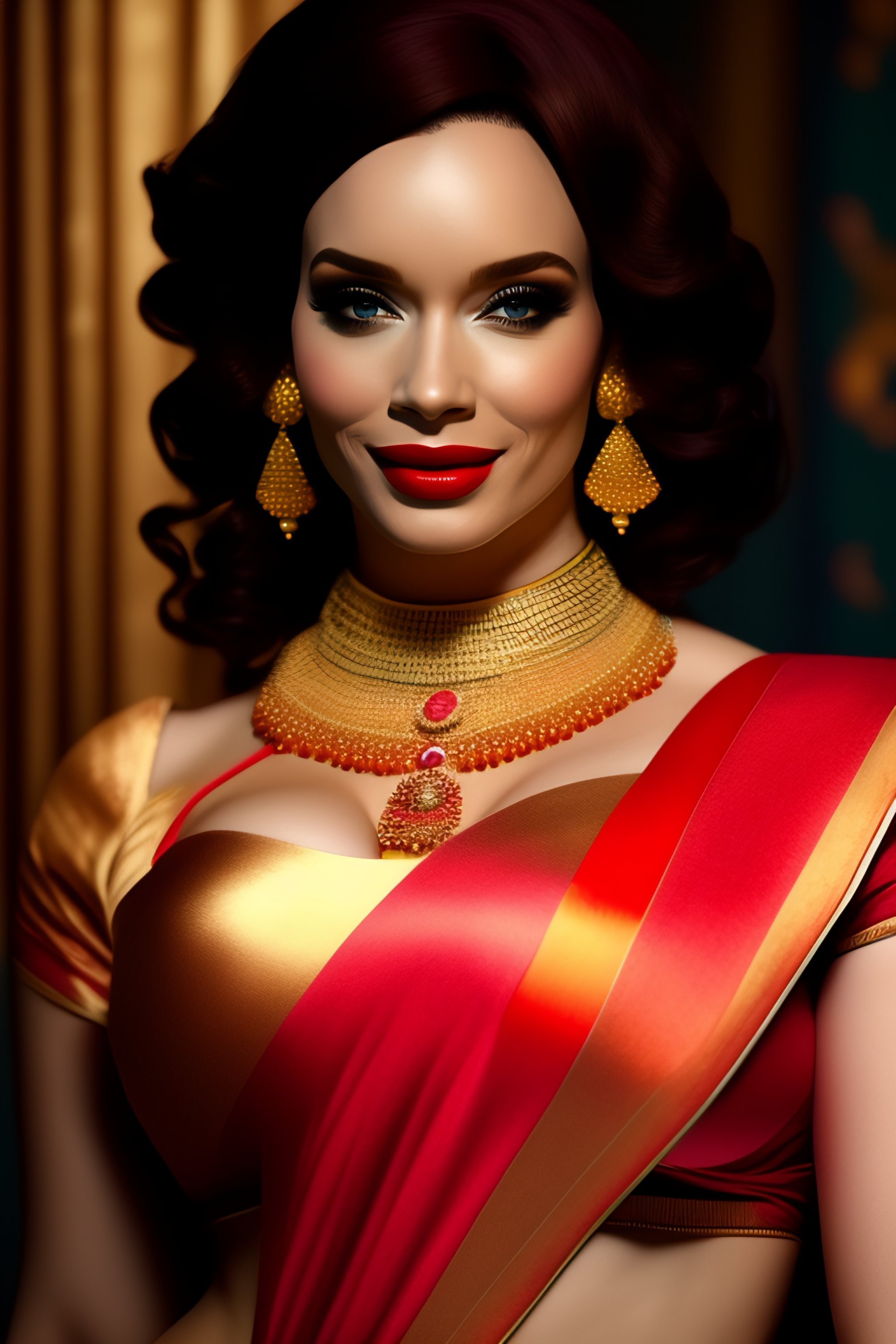 Lexica - Young north indian girl in a saree, massive downblouse, fit body,  wearing saree, wearing kebama, vogue photoshoot, maxim photoshoot, ultra  r