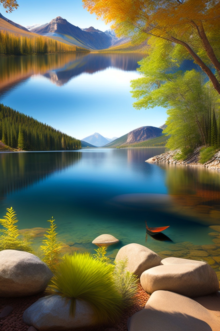 Lexica - Picture a peaceful lake surrounded by tall mountains, with a ...