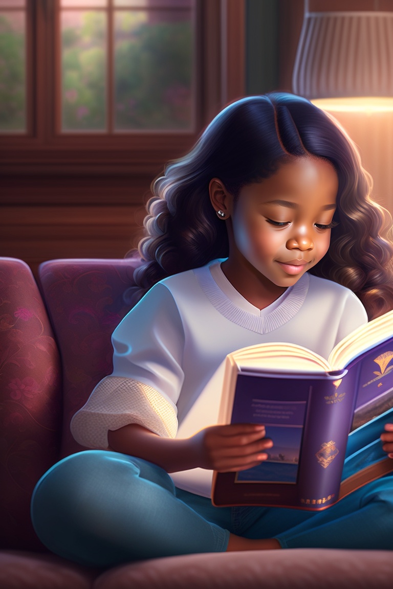 Lexica - A girl in a living room, sitting on the couch reading a book.