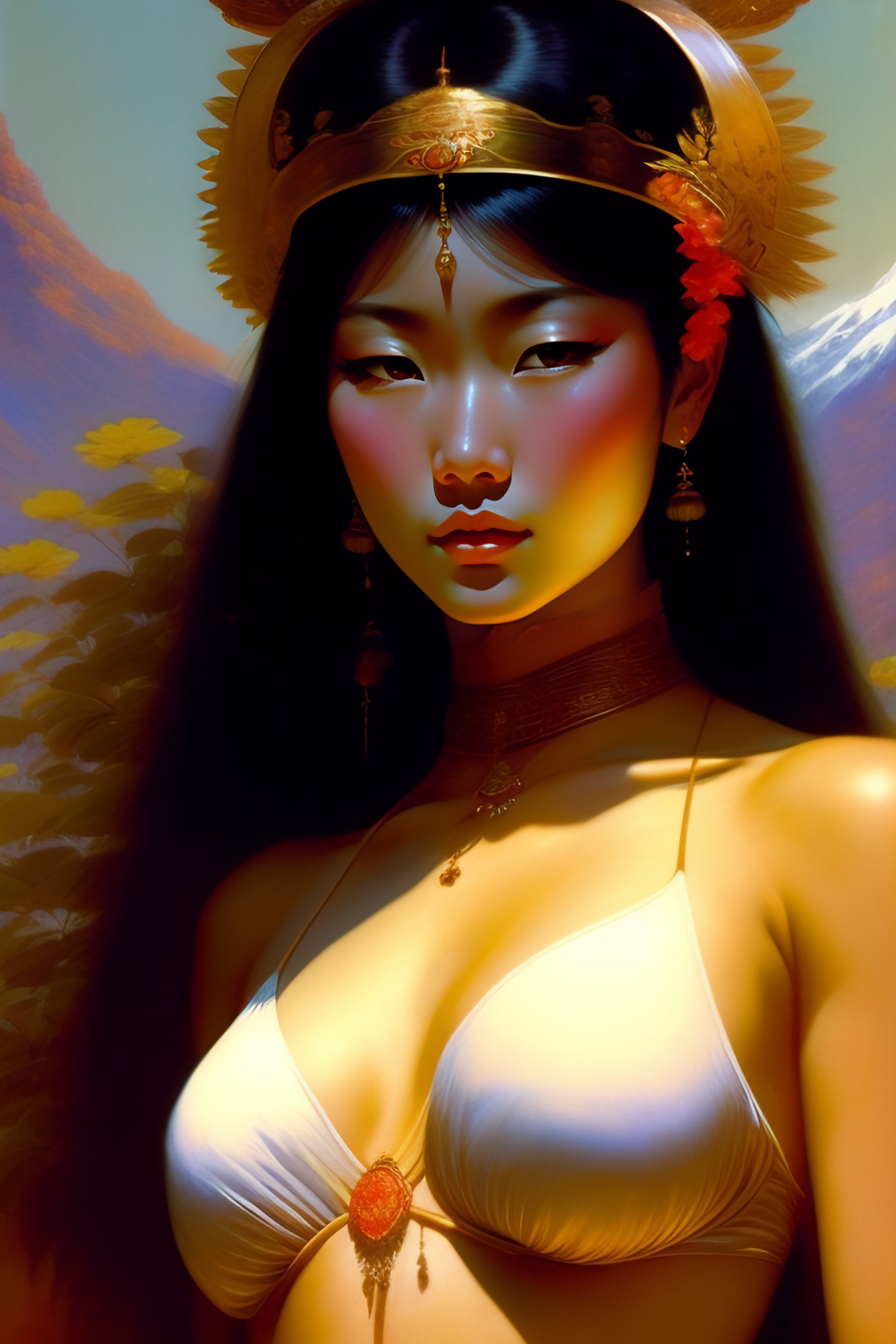 Lexica - A beautiful asian girl in white bra, japanese art, oil painting,  by bruce pennington, by otomo, by amano, by bouguereau, by gustave moreau