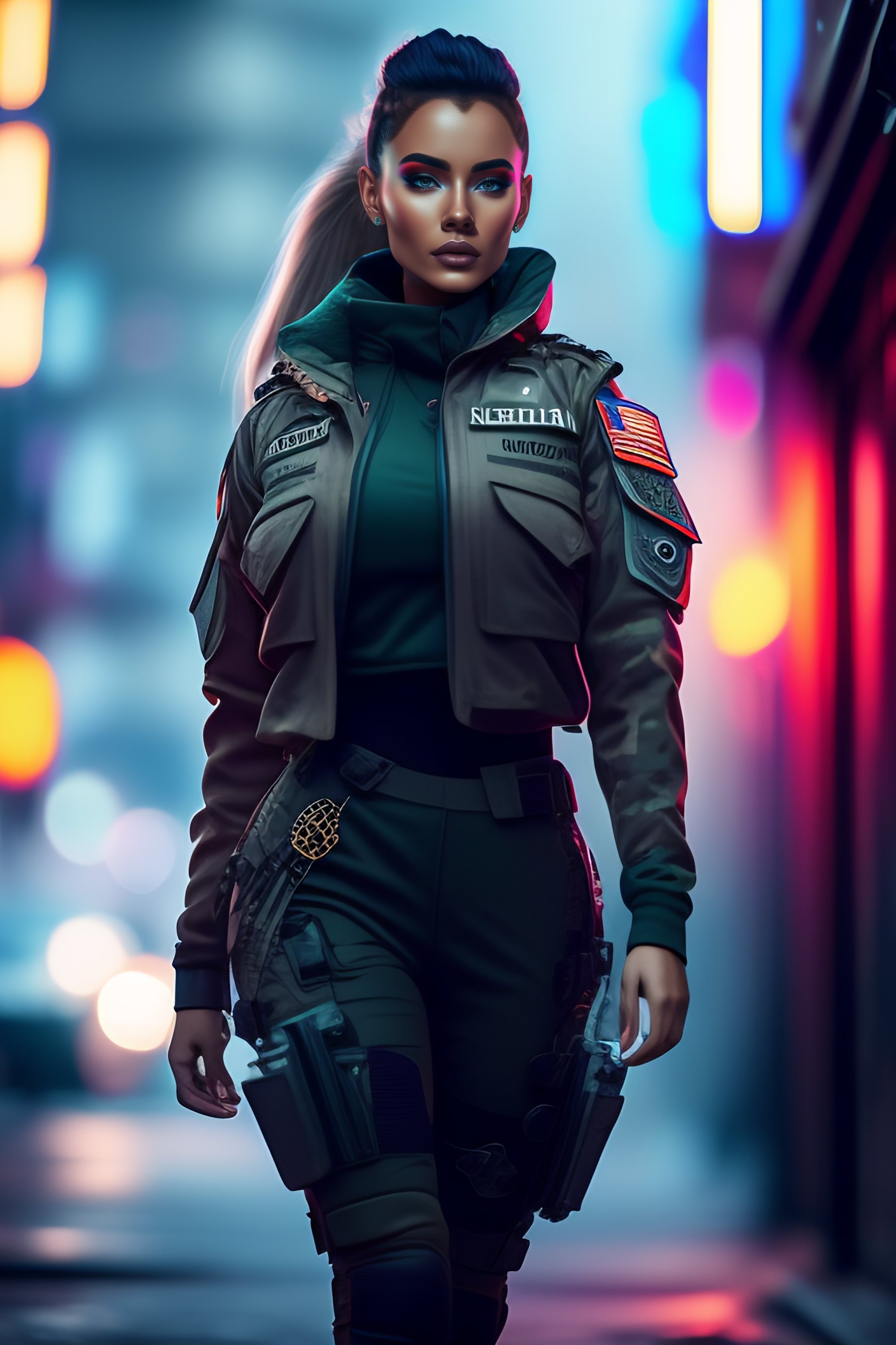 Lexica - A military girl with a machine gun walking, futuristic clothes ...