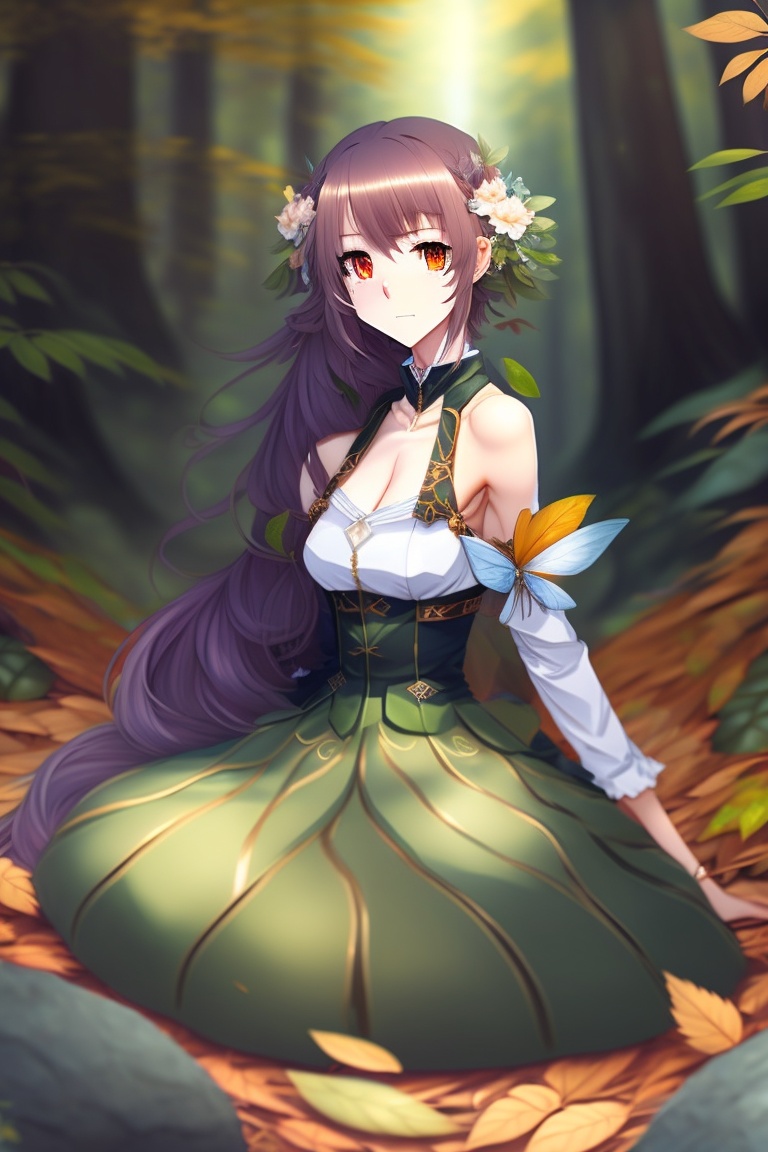 Lexica - Anime-girl in clothes made of leaves on her nipples, on the Forest  sitting on knees,