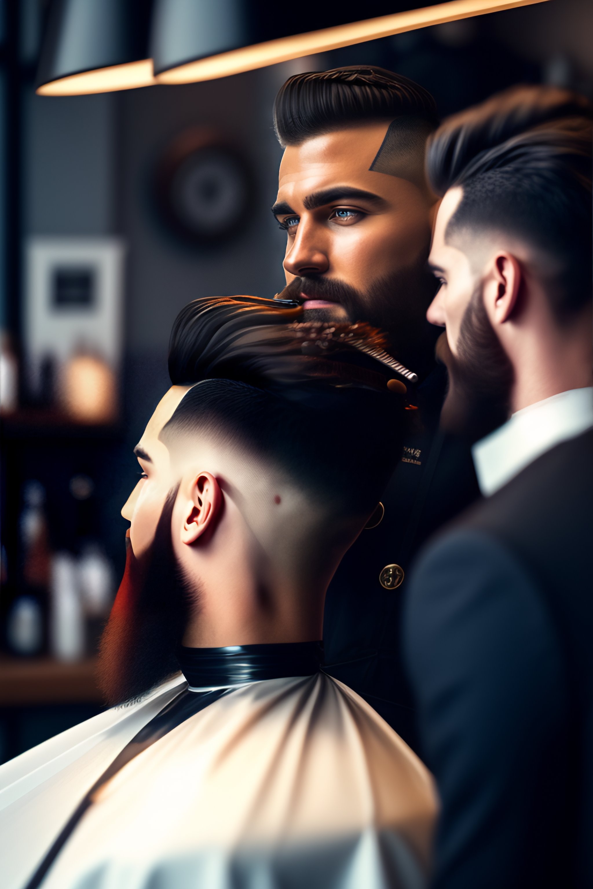 Lexica A barberman cutting another man's hair in a barber shop, a