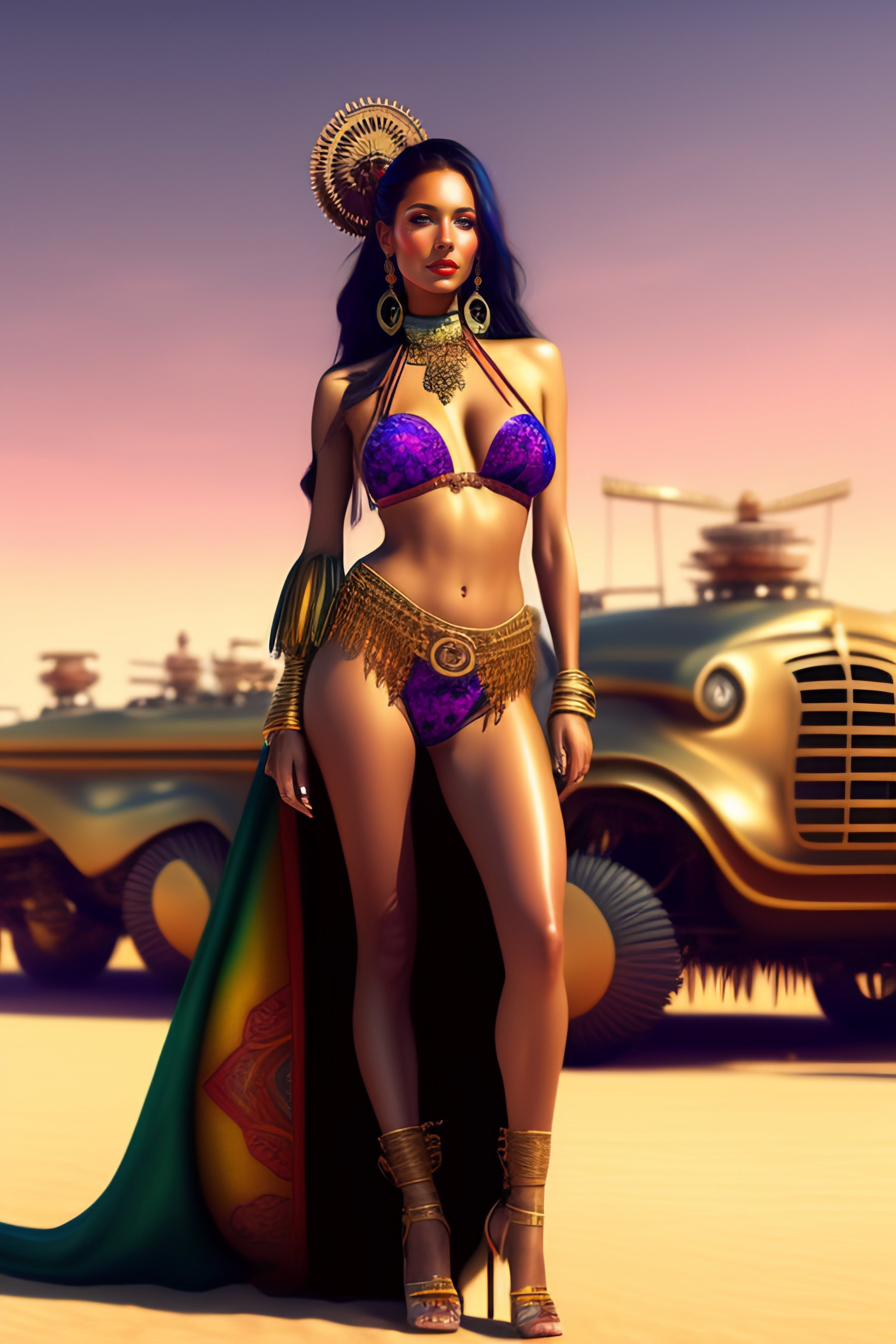 Lexica - A hippy girl at Burning Man, wearing a bikini, high heel sandals,  in the year 3000, art by Captain Steampunk