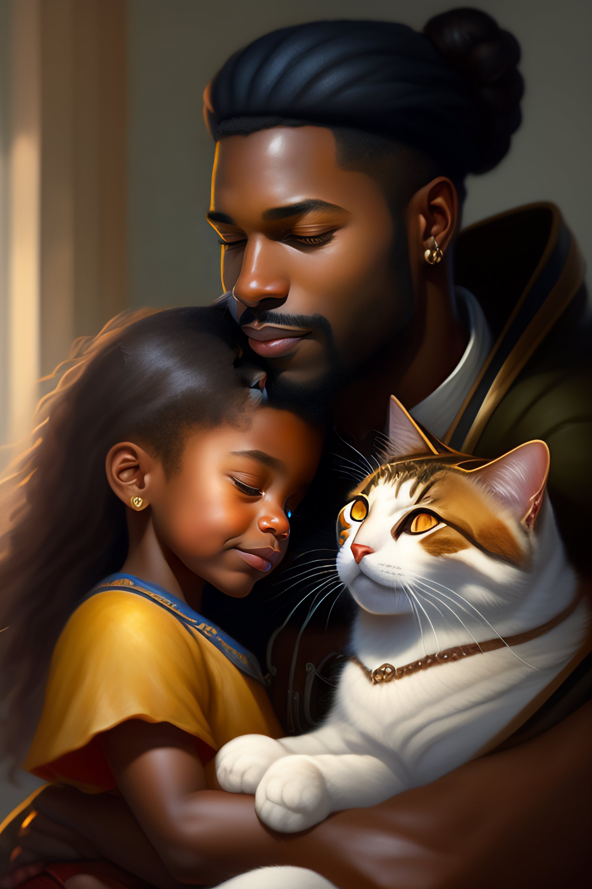 Lexica - A detailed portrait of a cute calm black guy hugging a tabby ...