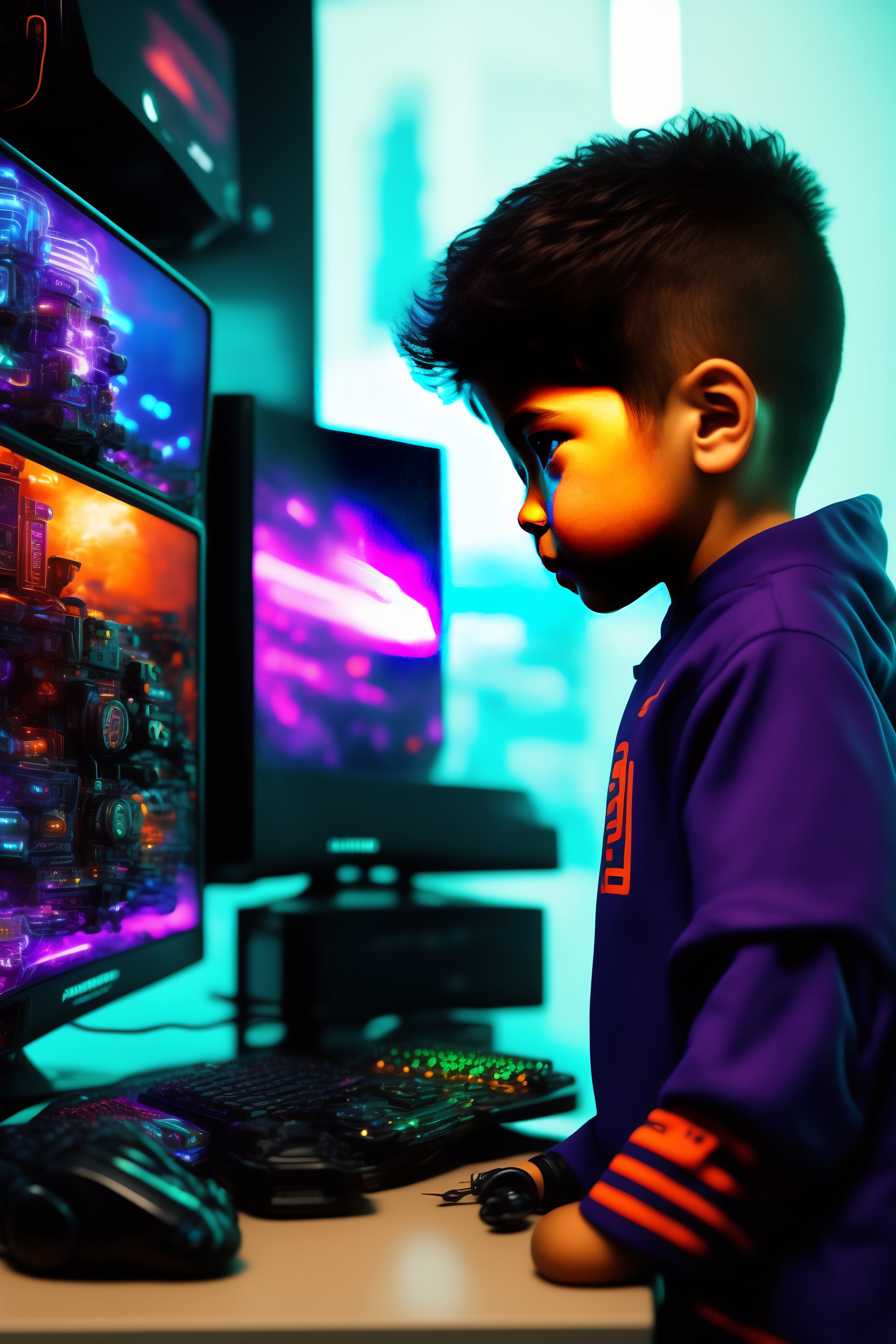 Lexica - Pequeño niño cyberpunk jugando en una pc gamer cyberpunk ...