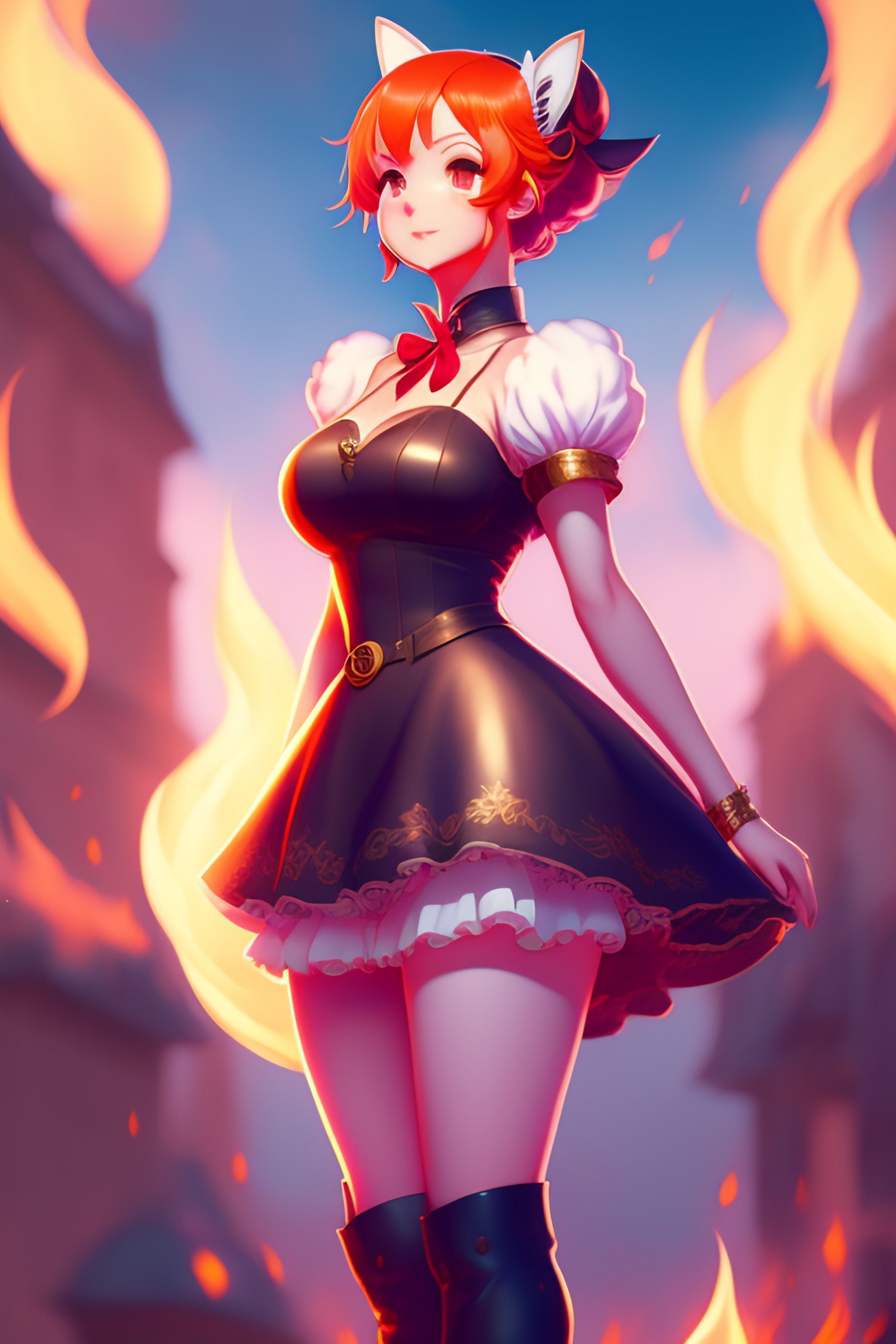 Lexica - Full body, from above, Bunny Maid Lucie, red hair, Marilyn Monroe  style, doe eyes, fire in the background, by shinkai makoto studio ghibli  s...