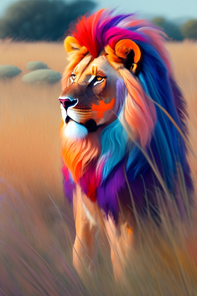 Lexica A brightly colored lion is standing in an African plain with