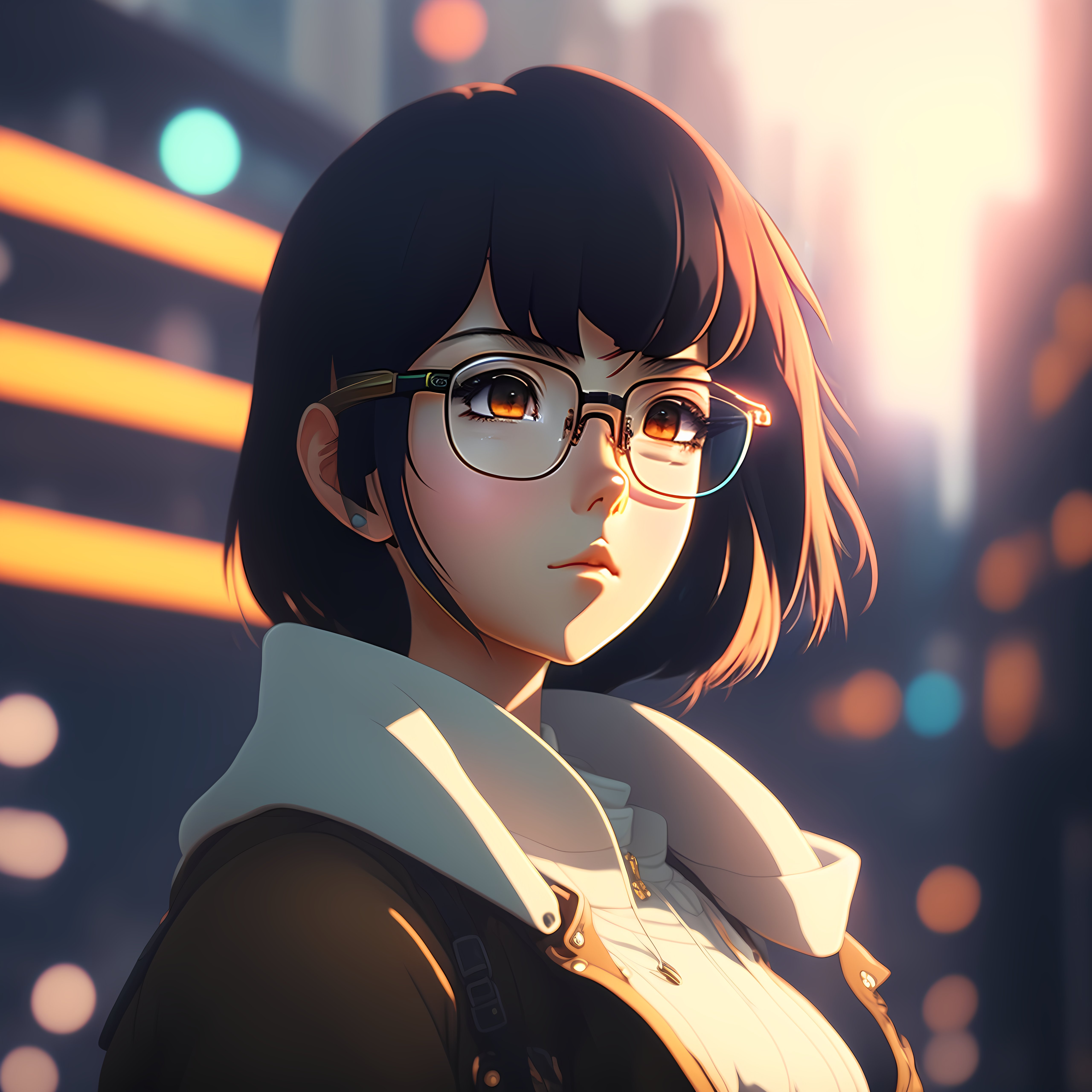 Lexica - Anime screenshot girl with short brown wolf cut hair with brown  eyes and round glasses, cyberpunk room landscape on the background, deep  bok...