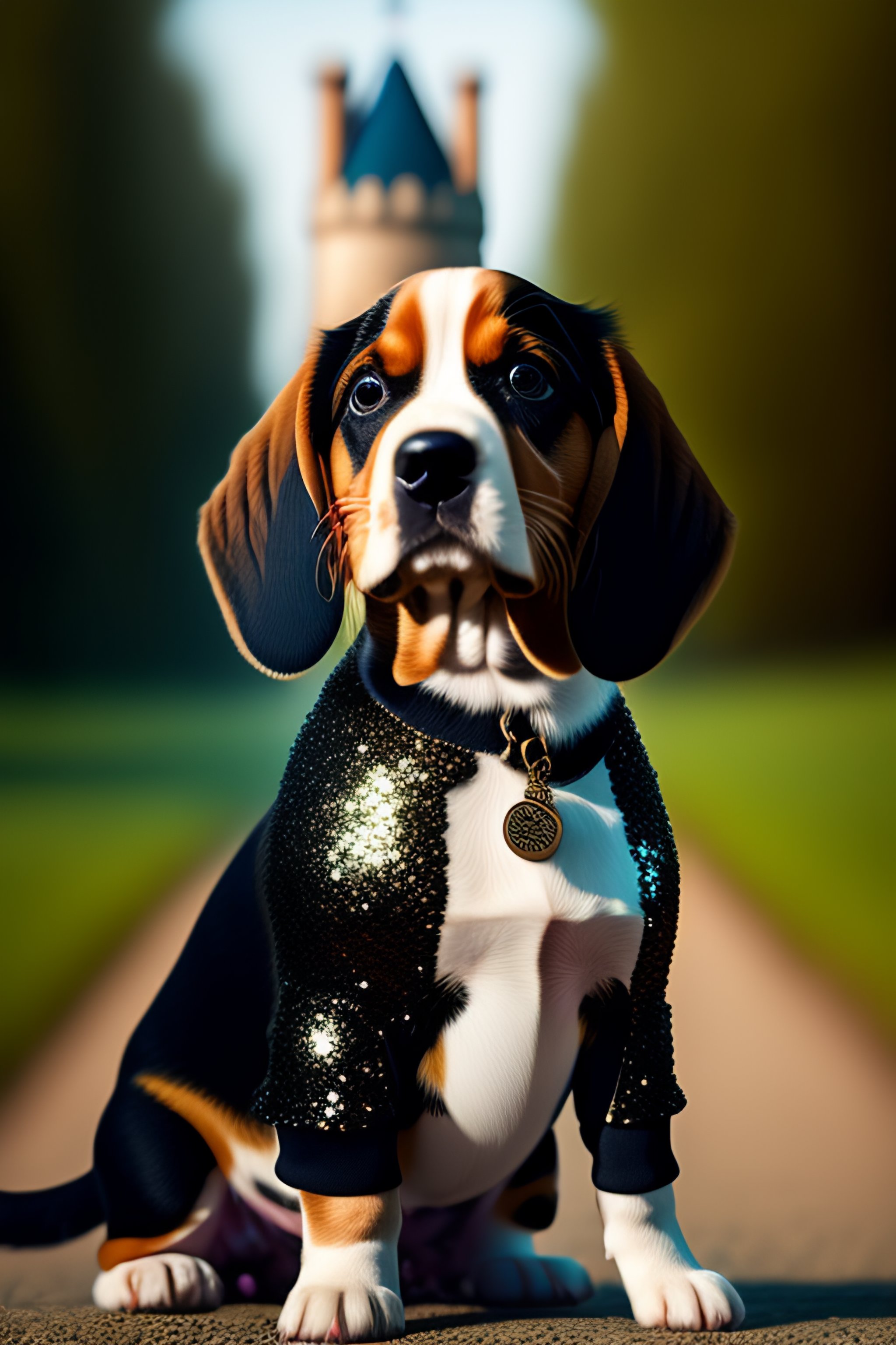 Lexica - Beagle puppy wearing a black sequin jacket standing in front ...