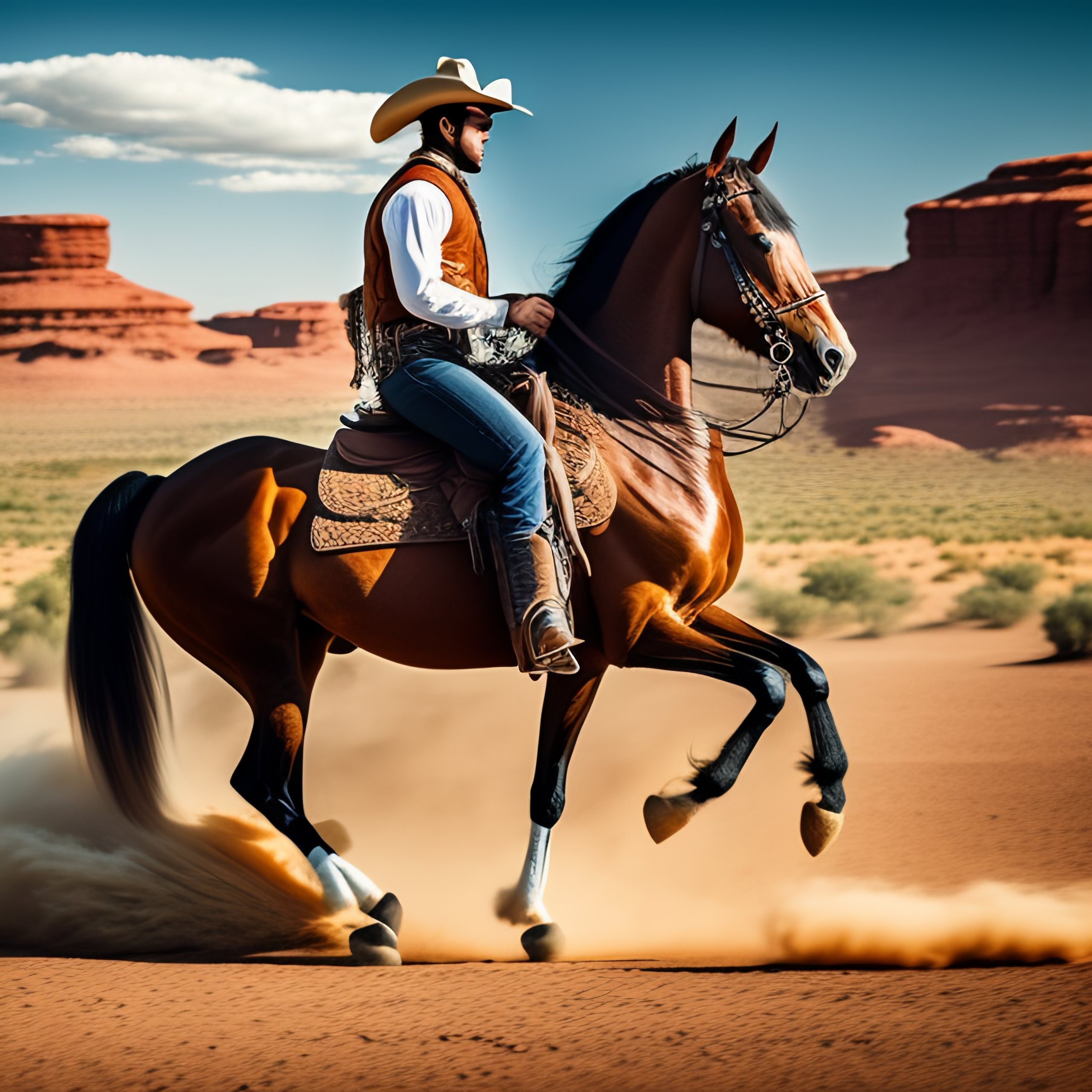 Lexica - Cool Cowboy on a mustang horse while aiming a pistol