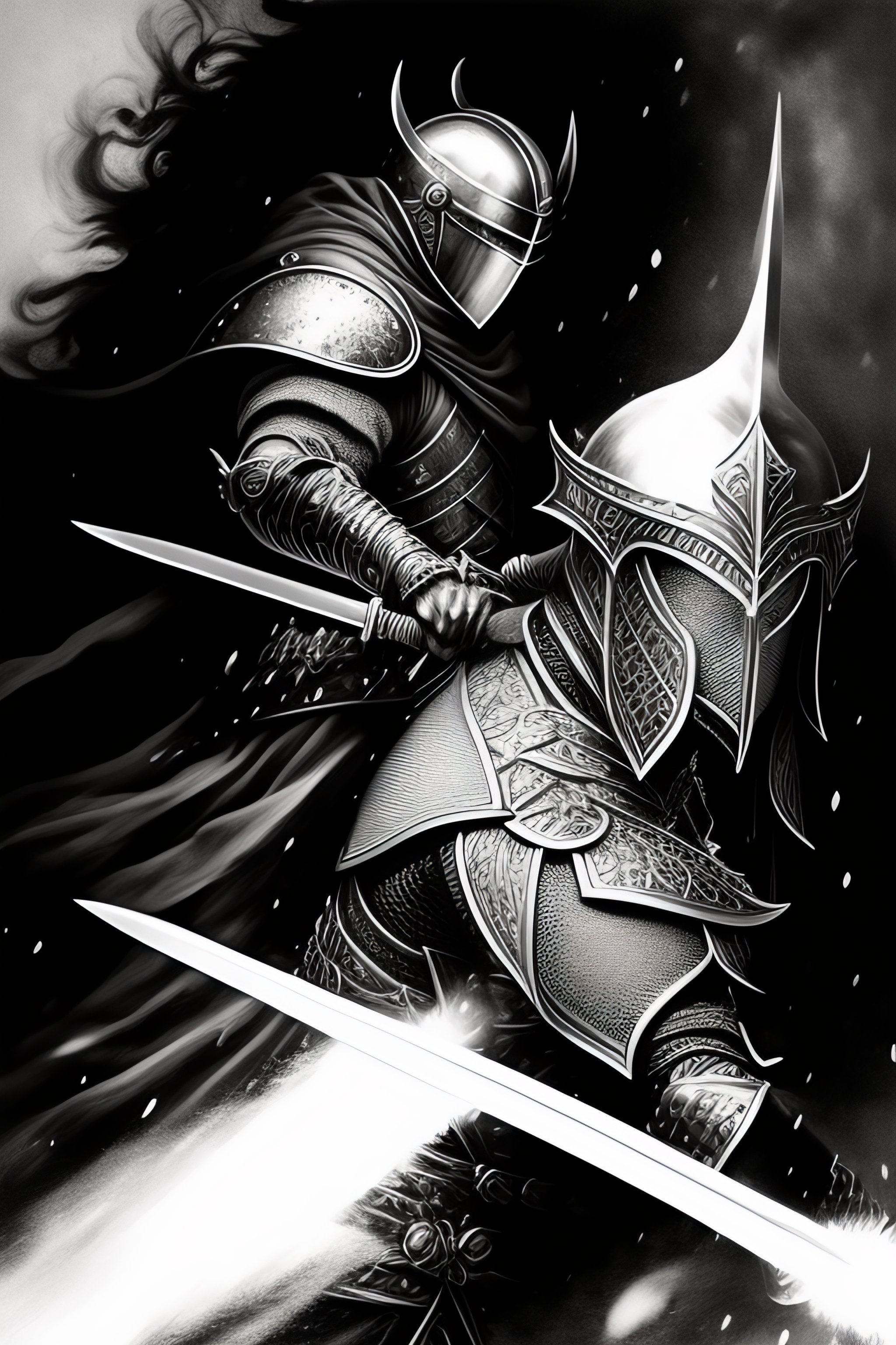 Lexica - Male knight raising sword, fighting a zombie, black and white ...