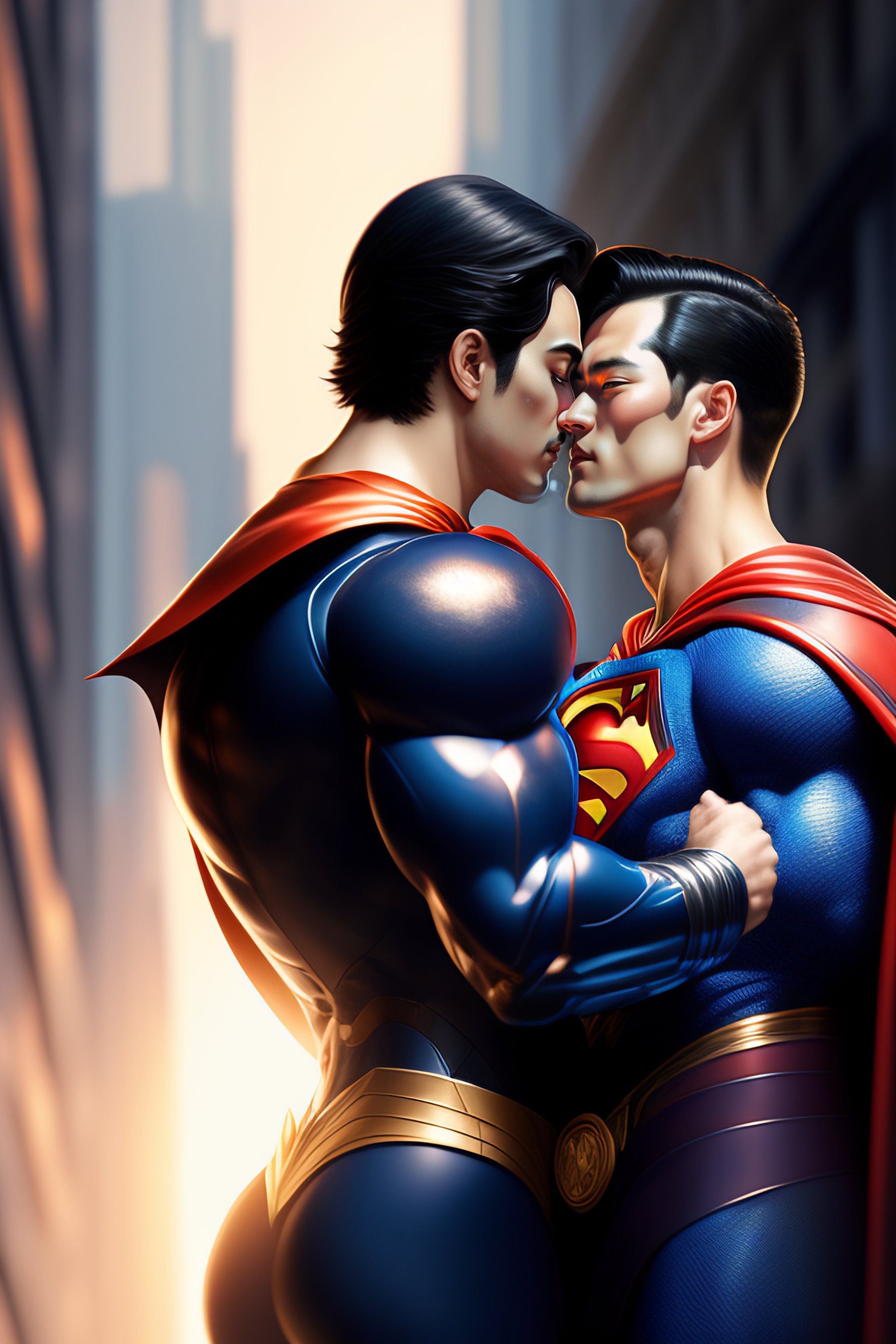 Lexica - Superman and batman kissing clothed, laying in bed, sharp details,  sharp focus, elegant, highly detailed, illustration, by jordan grimmer an...