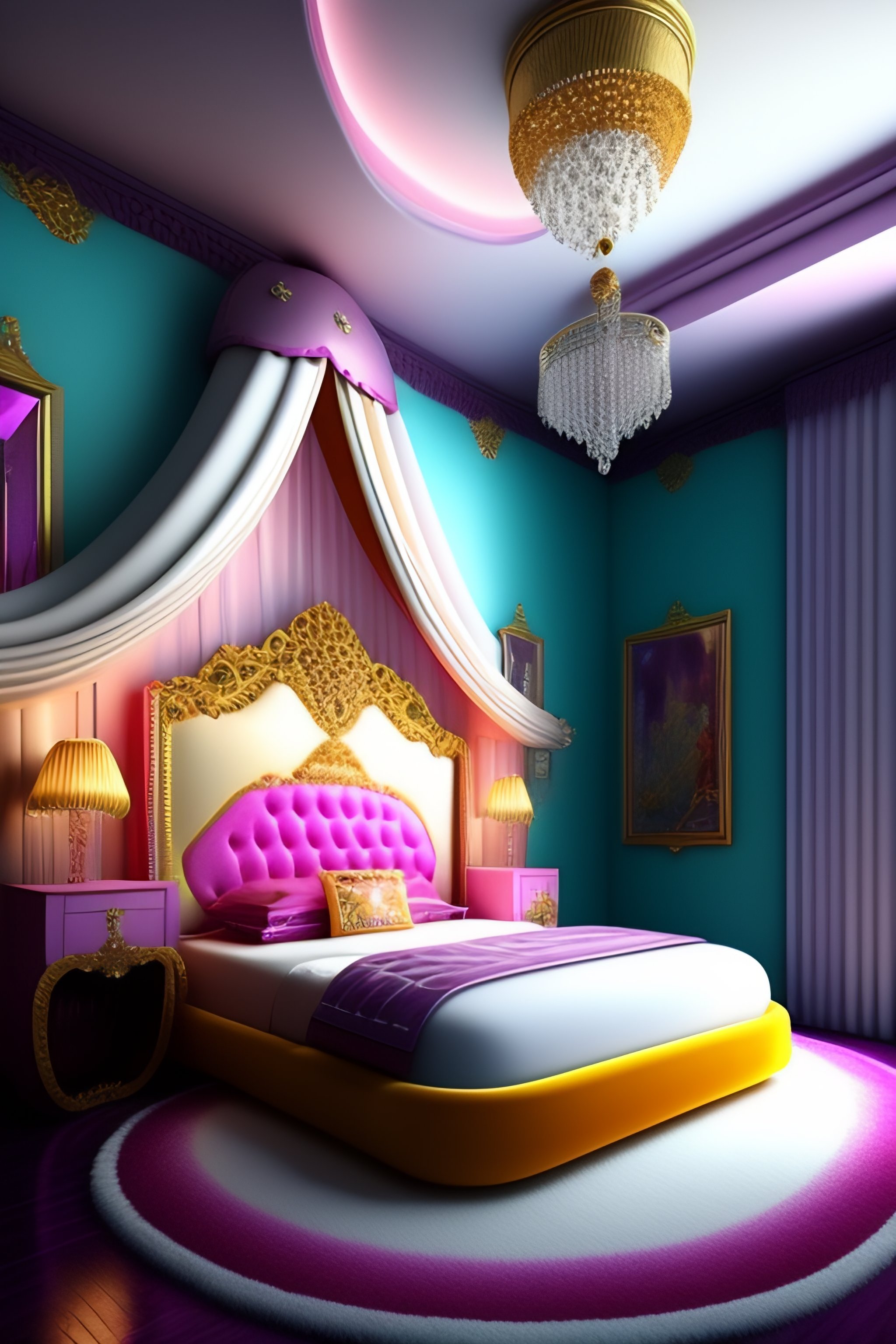 Lexica - Princess bedroom with large plush bed and walls covered in ...
