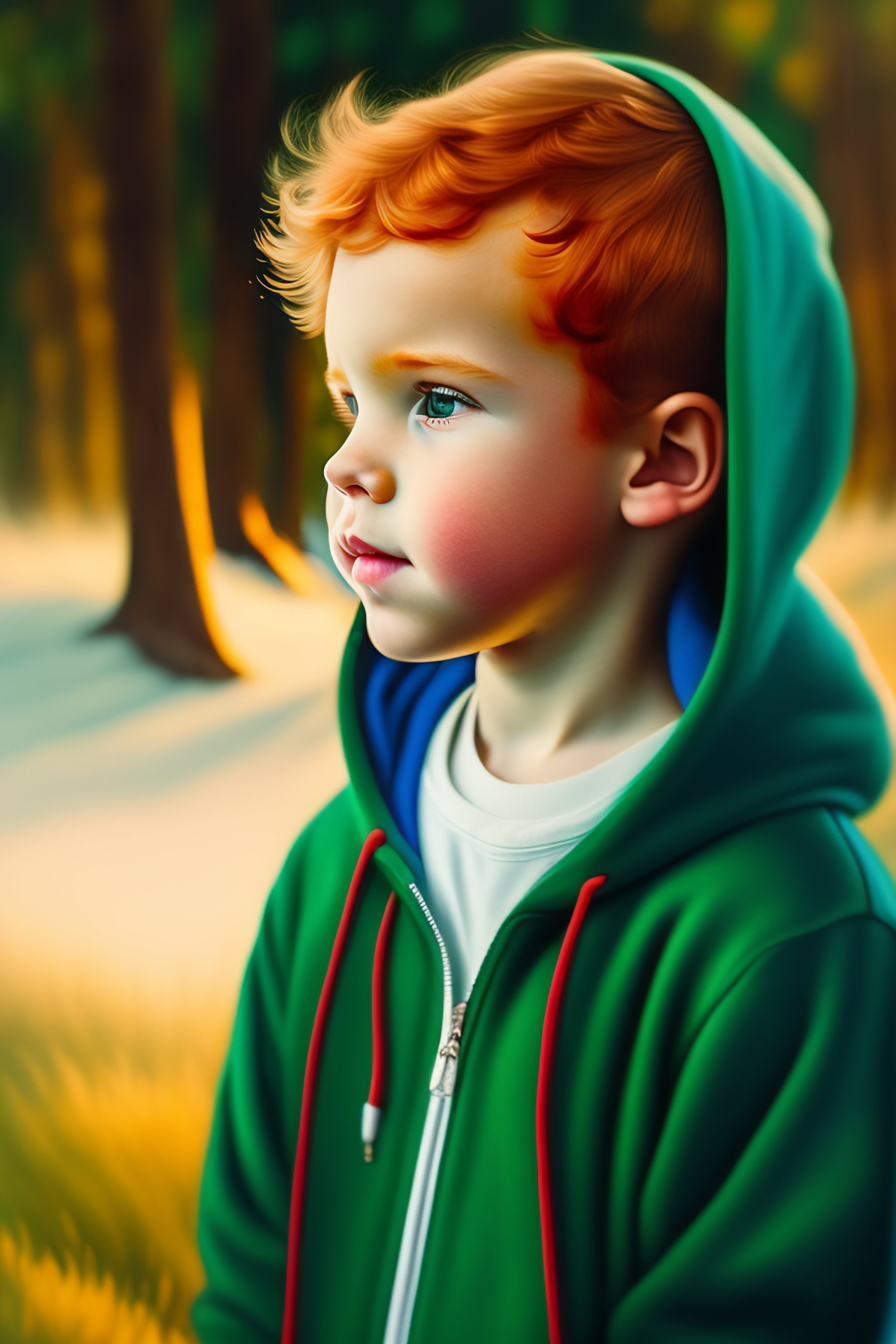 Lexica - A little boy with ginger hair wearing blue jeans and a green ...