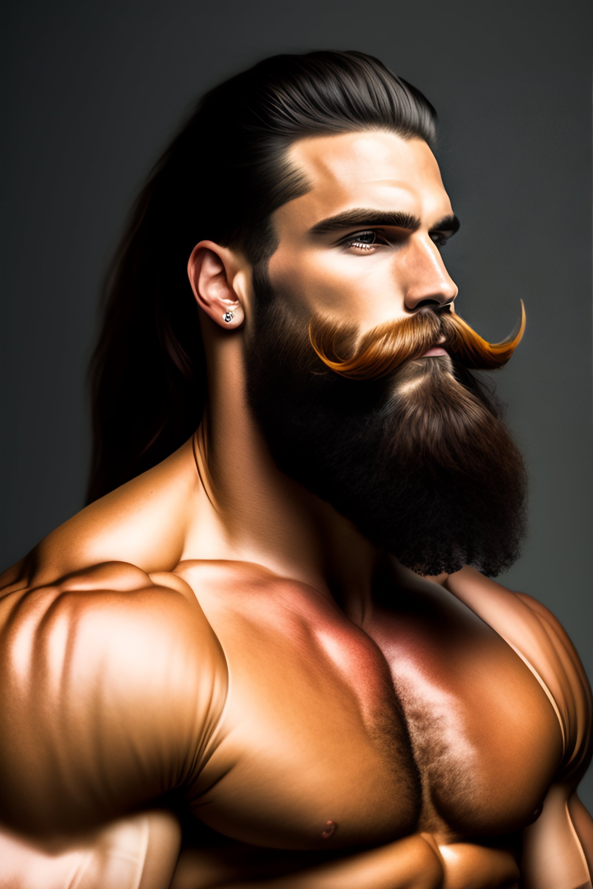 Lexica - Portrait of handsome young muscle man with an unbelievably long  beard and enormous handlebar mustache