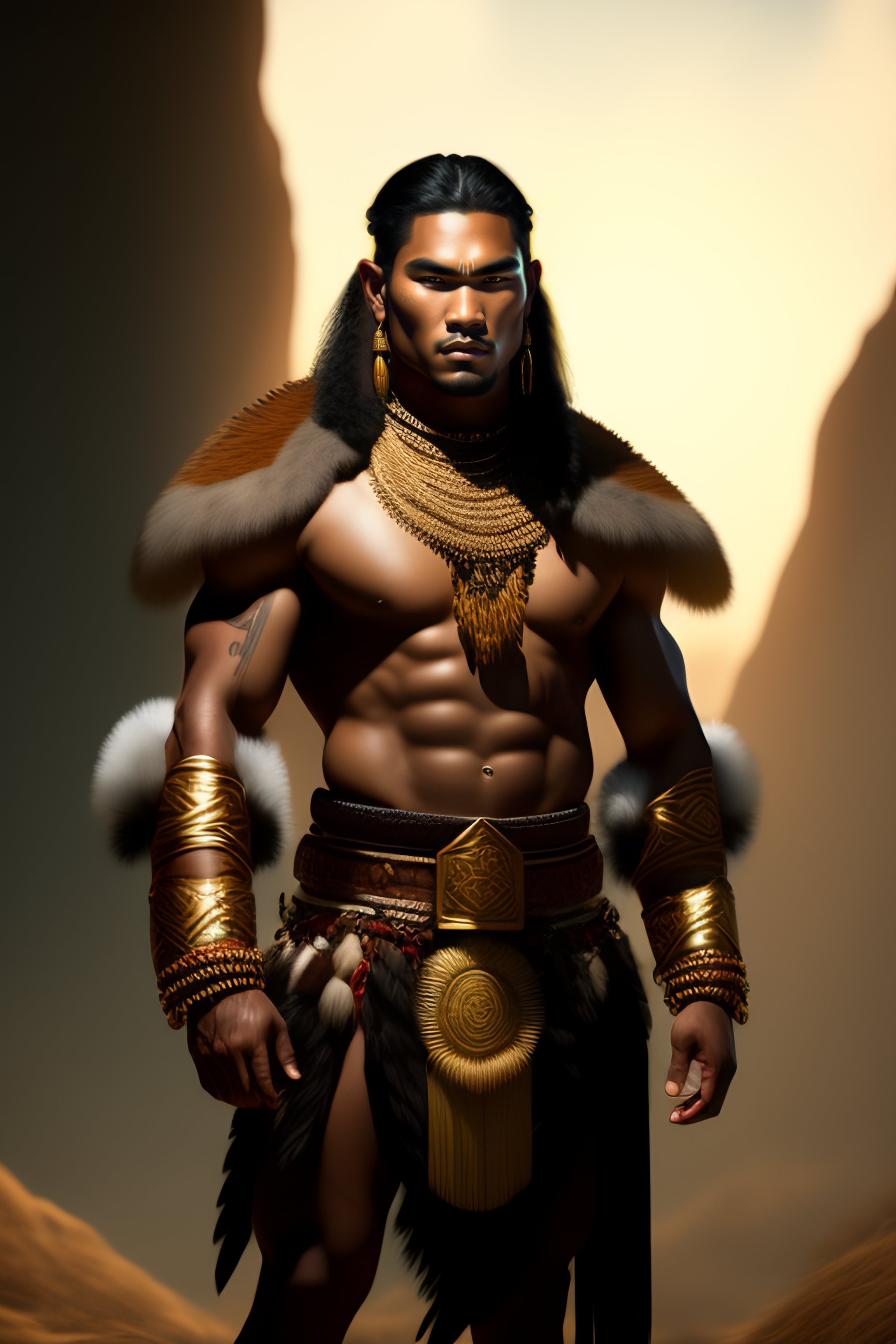 Lexica - Beautiful portrait depicted a polynesian ethnic group warlord,  samoan young male face, clothed with an shell beads, bamboo artifacts,  leathe...