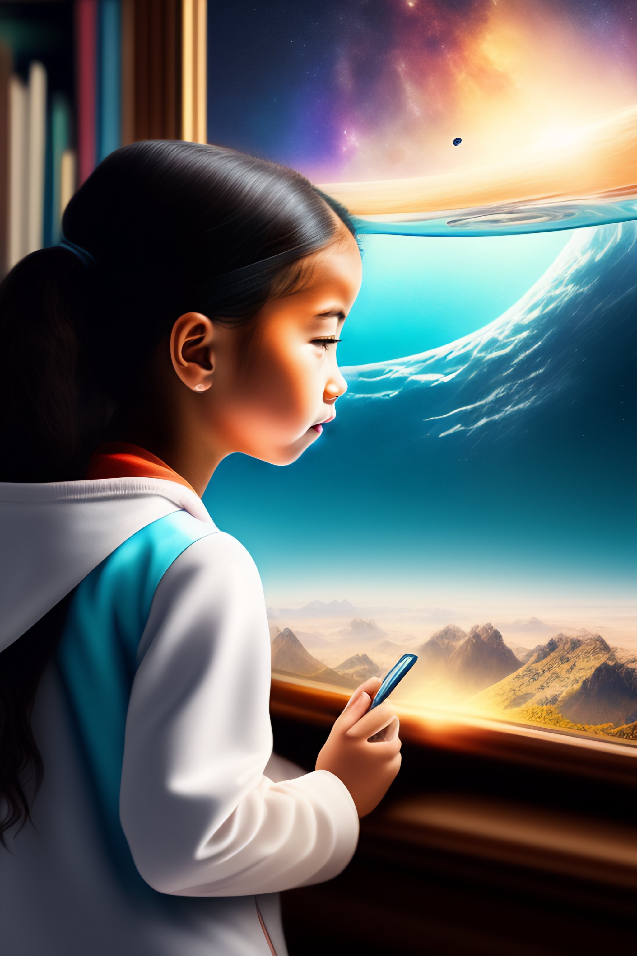 Lexica - Girl viewing the universe thought a library