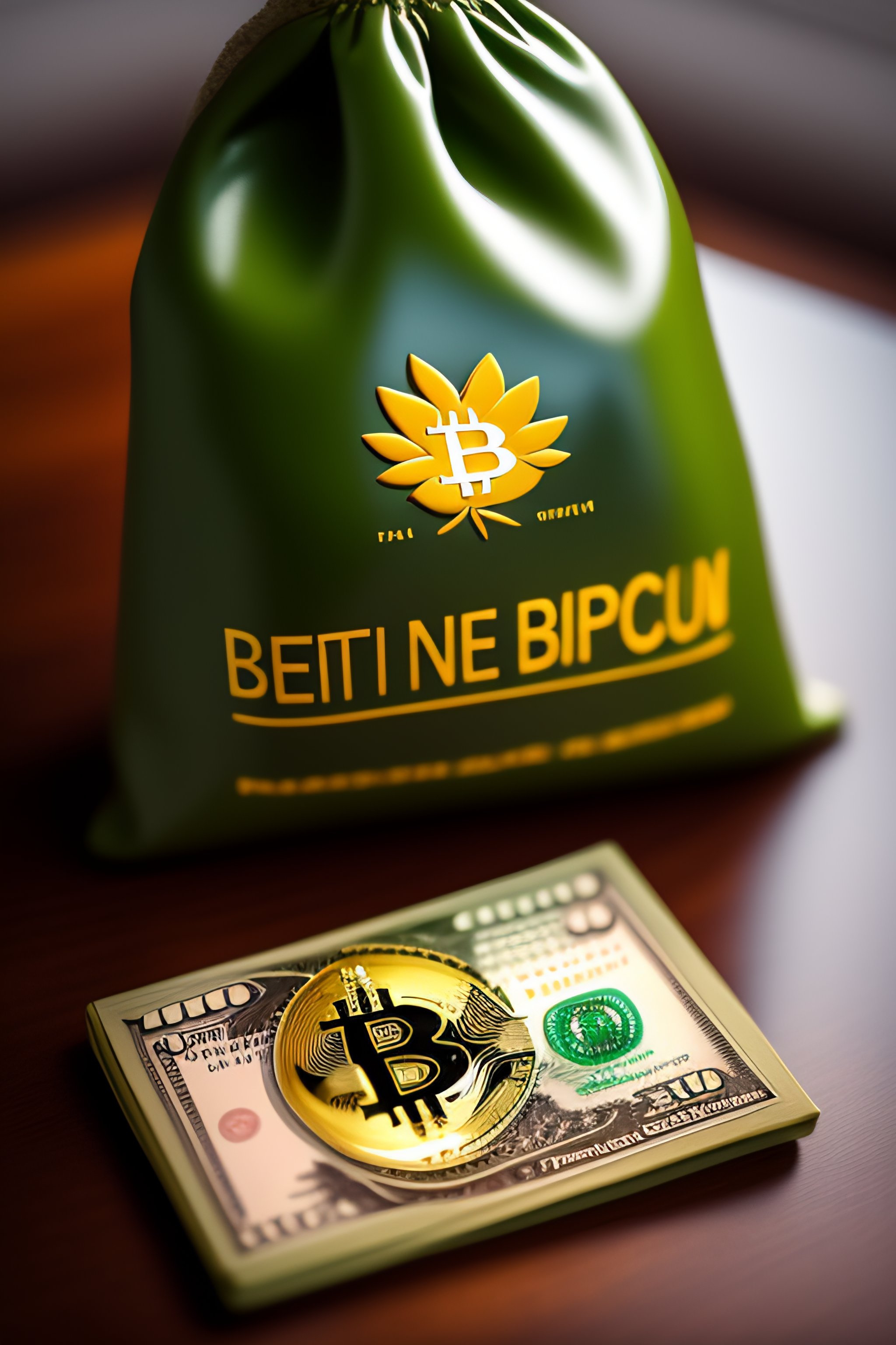 Lexica - Bitcoin logo on a bag full of cannabis flower sitting on a luxury  kitchen table with money next to it