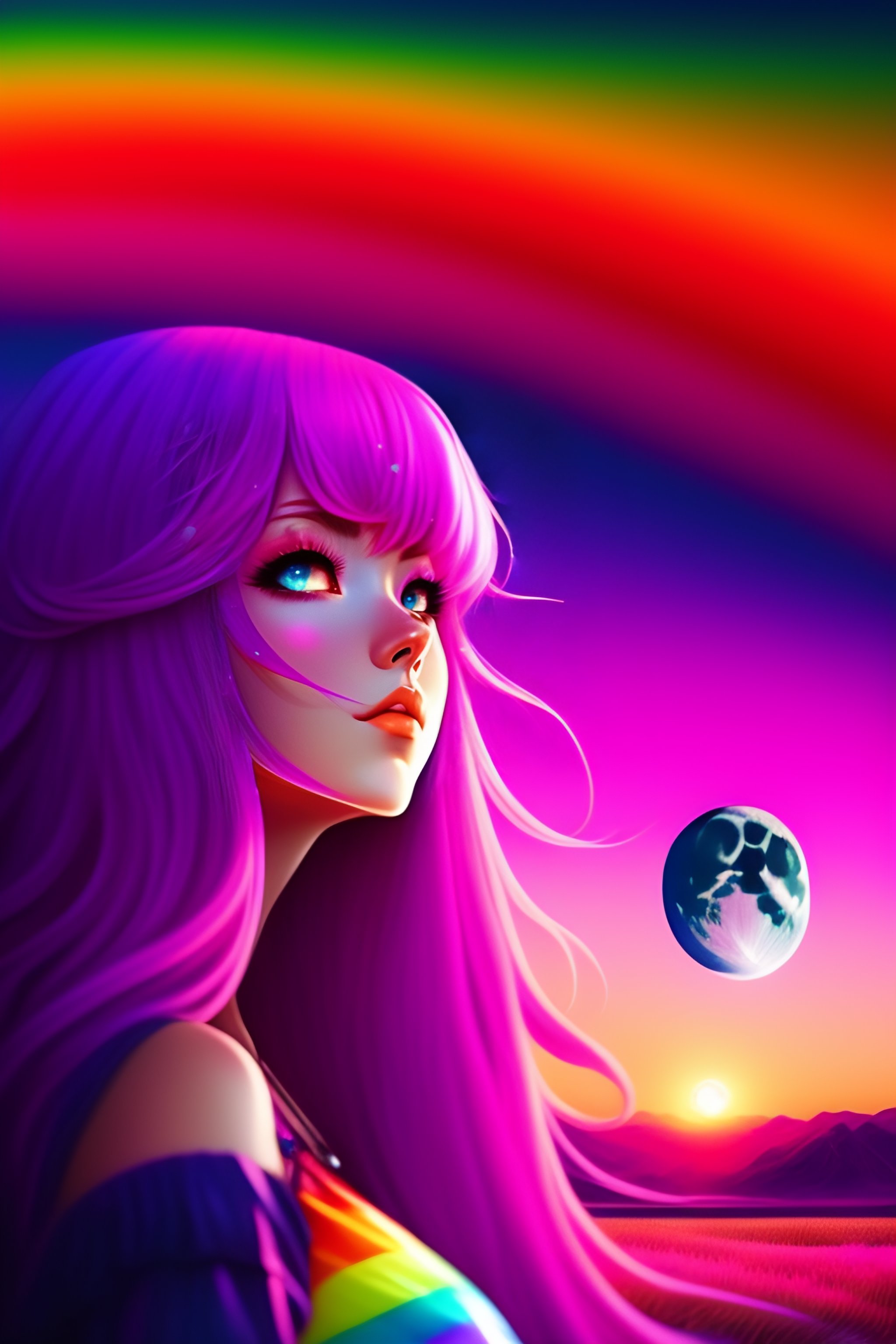 Lexica - Full pink moon, anime, anime girl, long pink hair, view in camera,  cowboy shot, view in camera, rainbow eyes