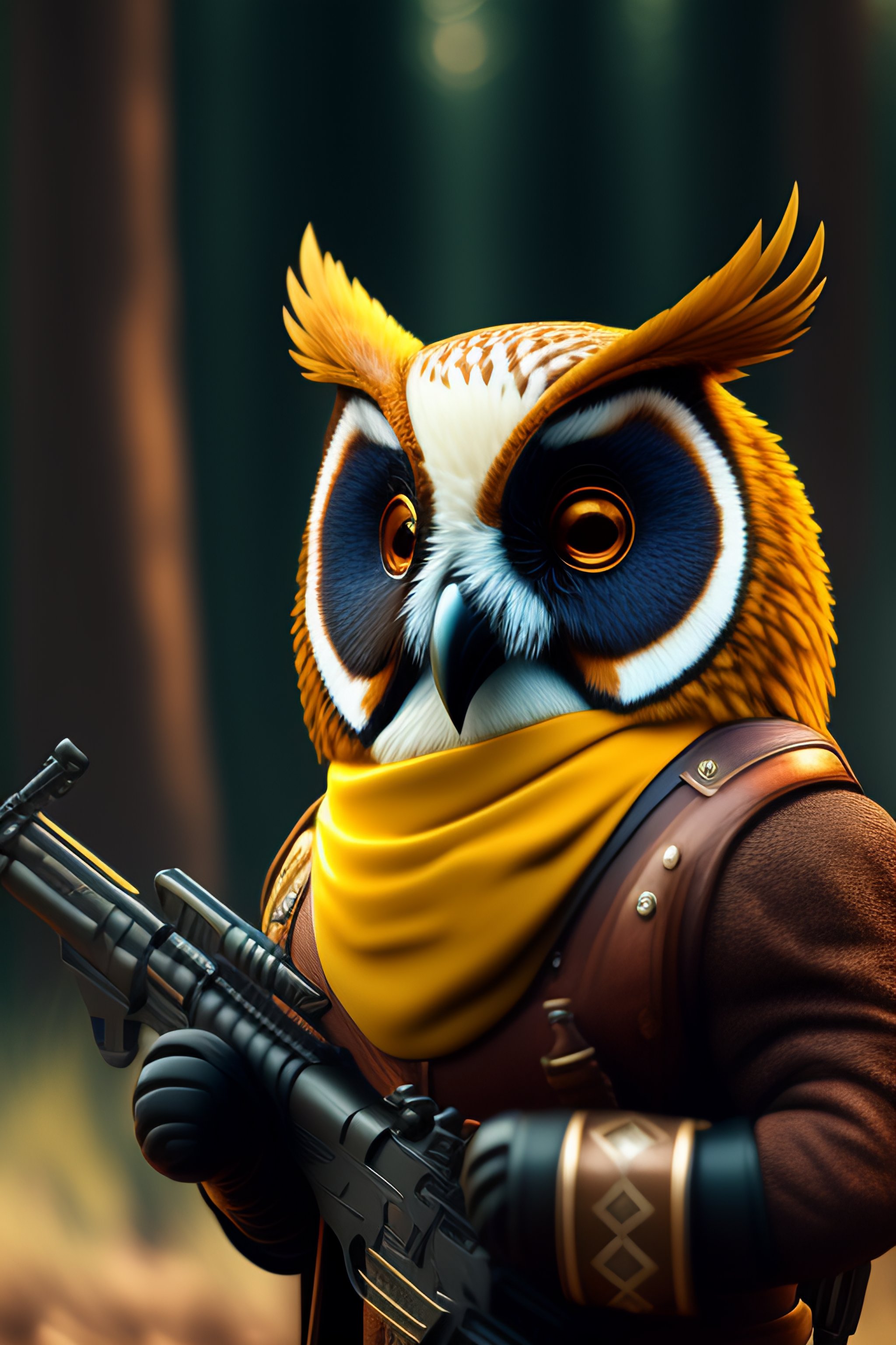 Lexica Cool owl, (holding a gun1.6), sunglasses, tailored costume