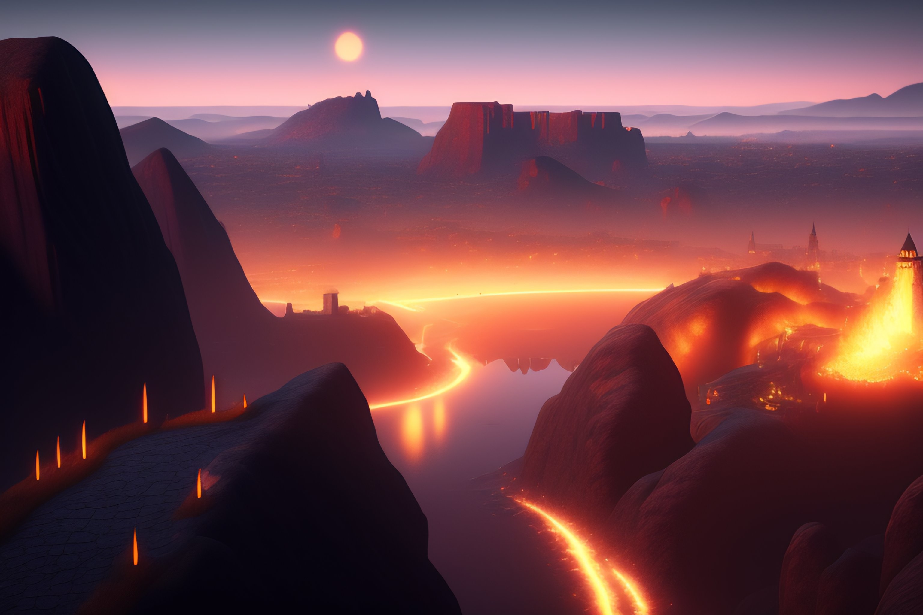 Lexica Round iron city, in vulcan, cobblestone, city, open area, 4k