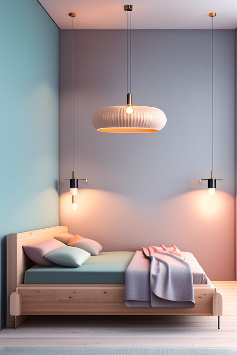 Lexica - Bedroom interior, bed, minimalism, pastel colors, natural wood ...