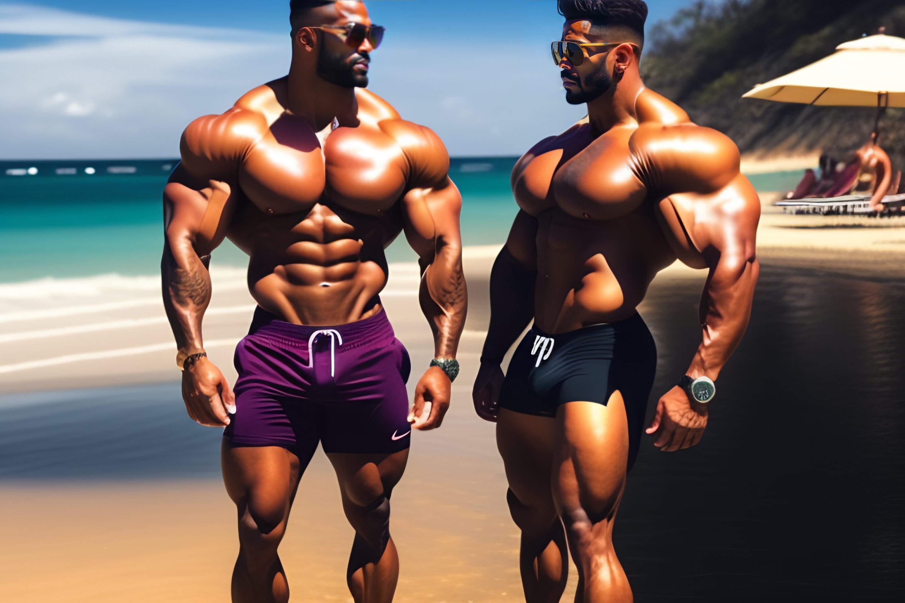 A bulky, muscular guy on the beach