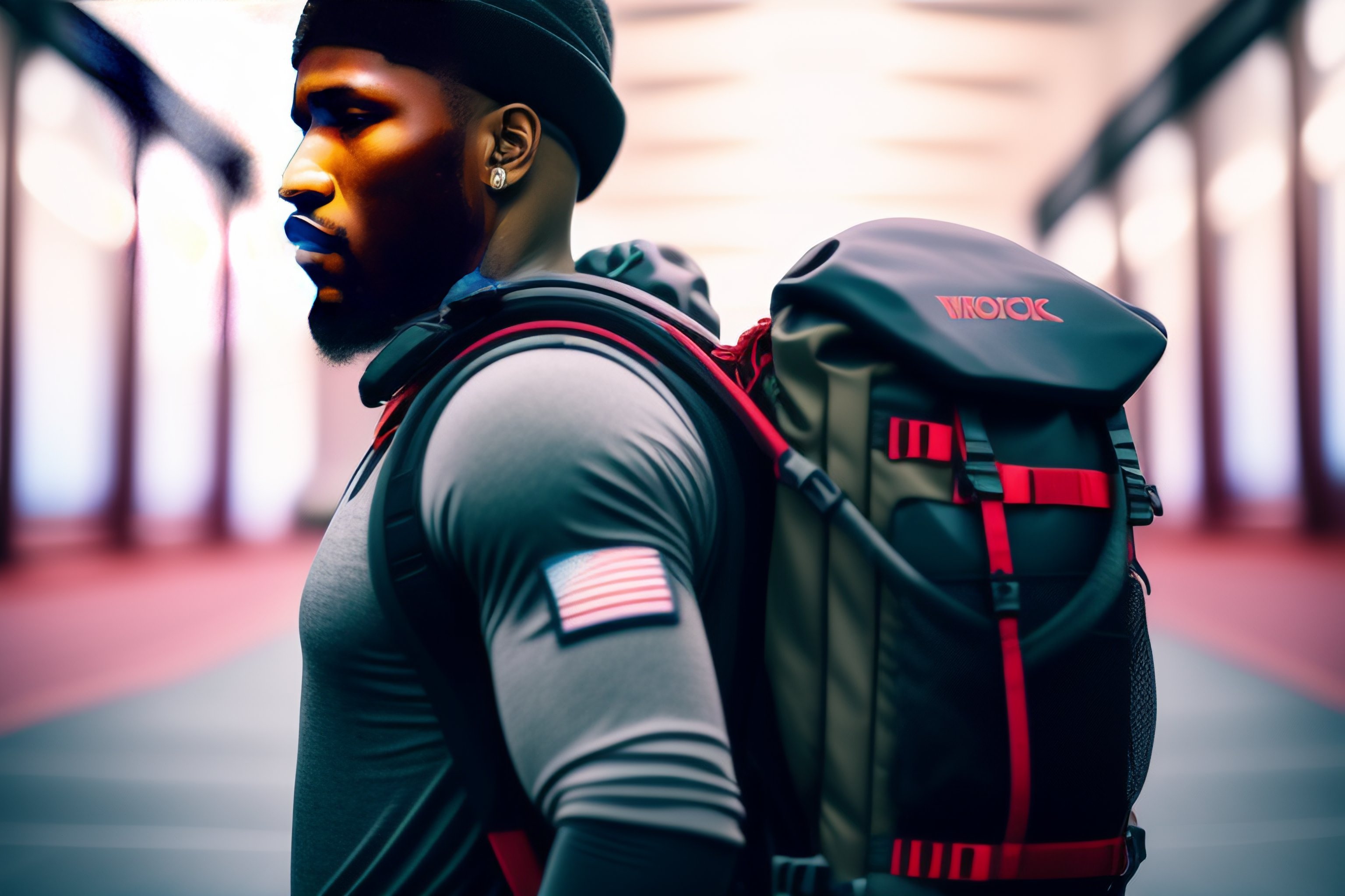 Lexica Illustrate a person doing rucking with a weighted backpack