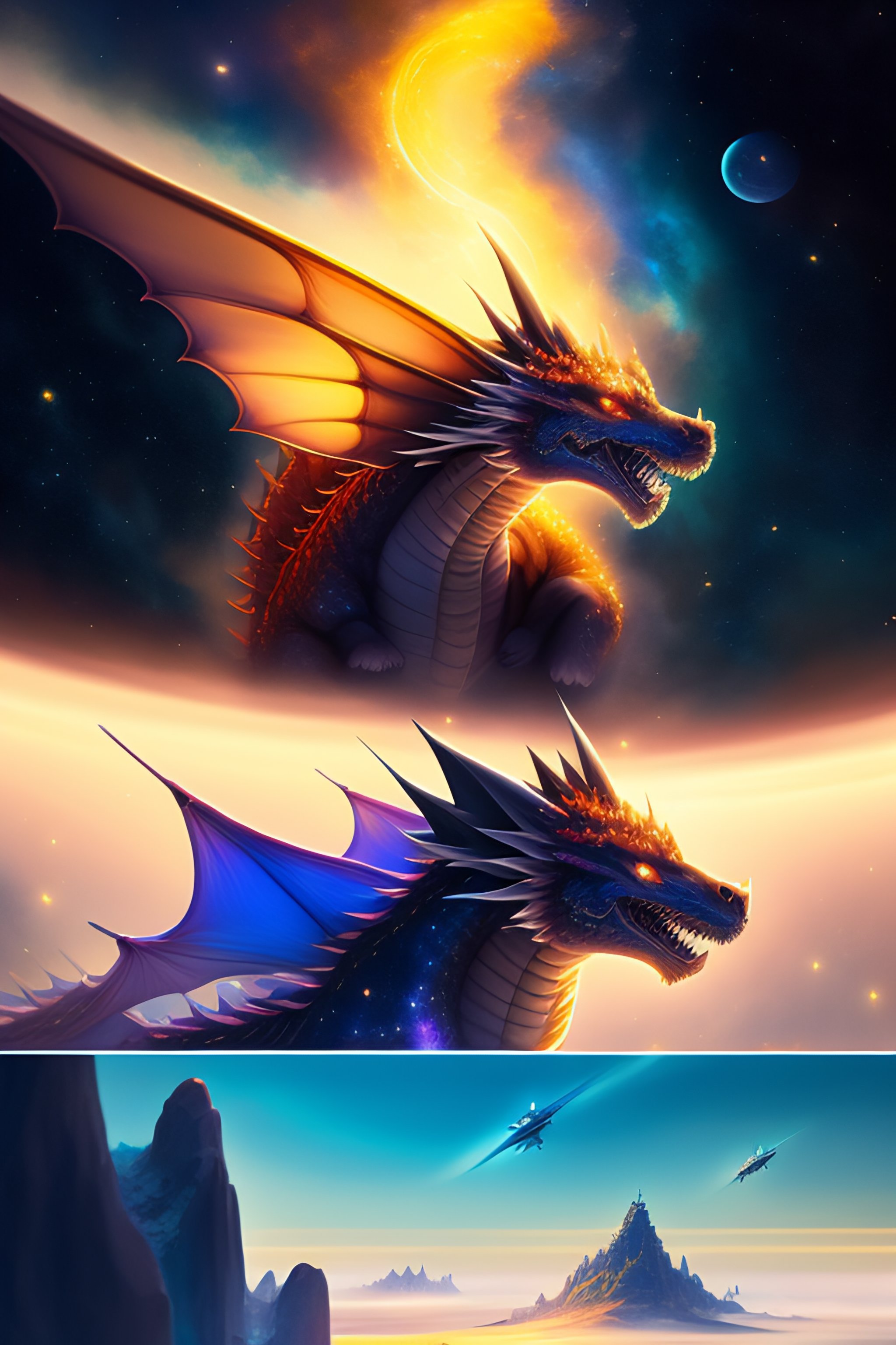 Lexica - A dragon controling meteors aroud him in space realistic style