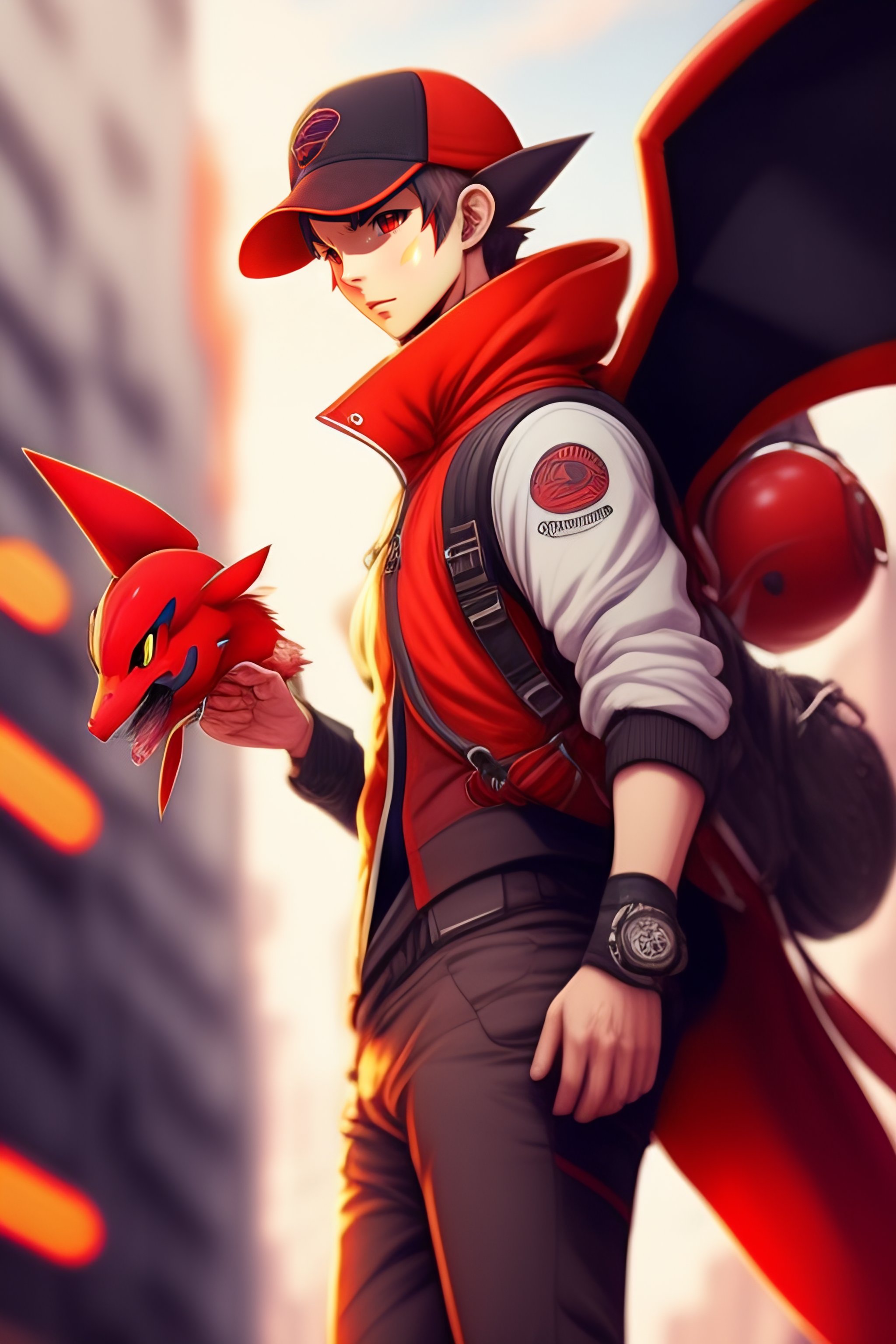 Lexica - A picture of a full body male pokemon trainer in red with a flying  charizard in a neo punk city, color full, highly detailed