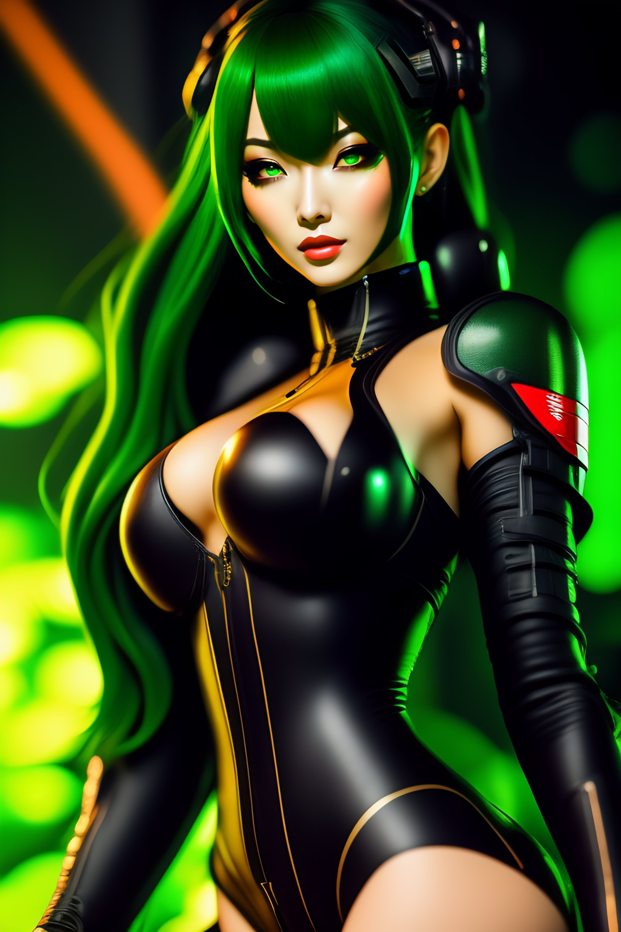 Lexica - Anime woman in green latex suit + poster + Guweiz + Cyberpunk +  alien, branding, texts, labels —ar 2:3 —v 4