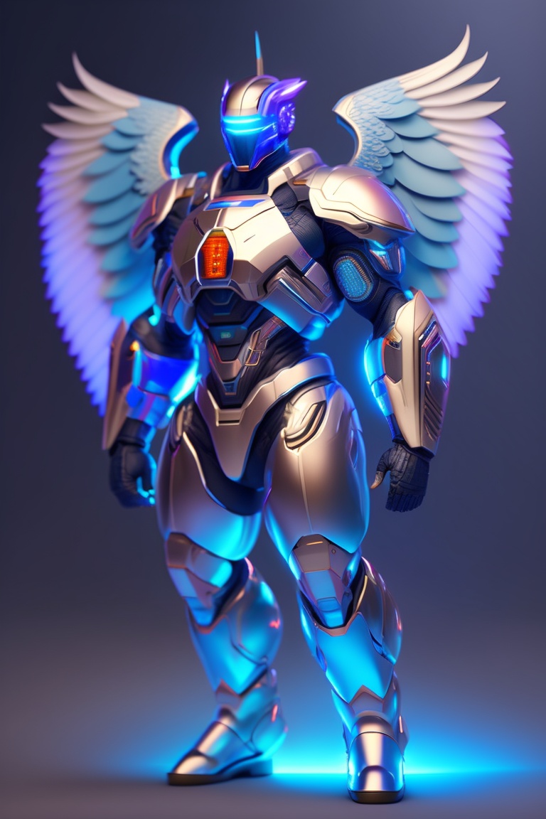 Lexica - Cyborg rebotic angel, menacing pose, metallic, neon blue wings ...