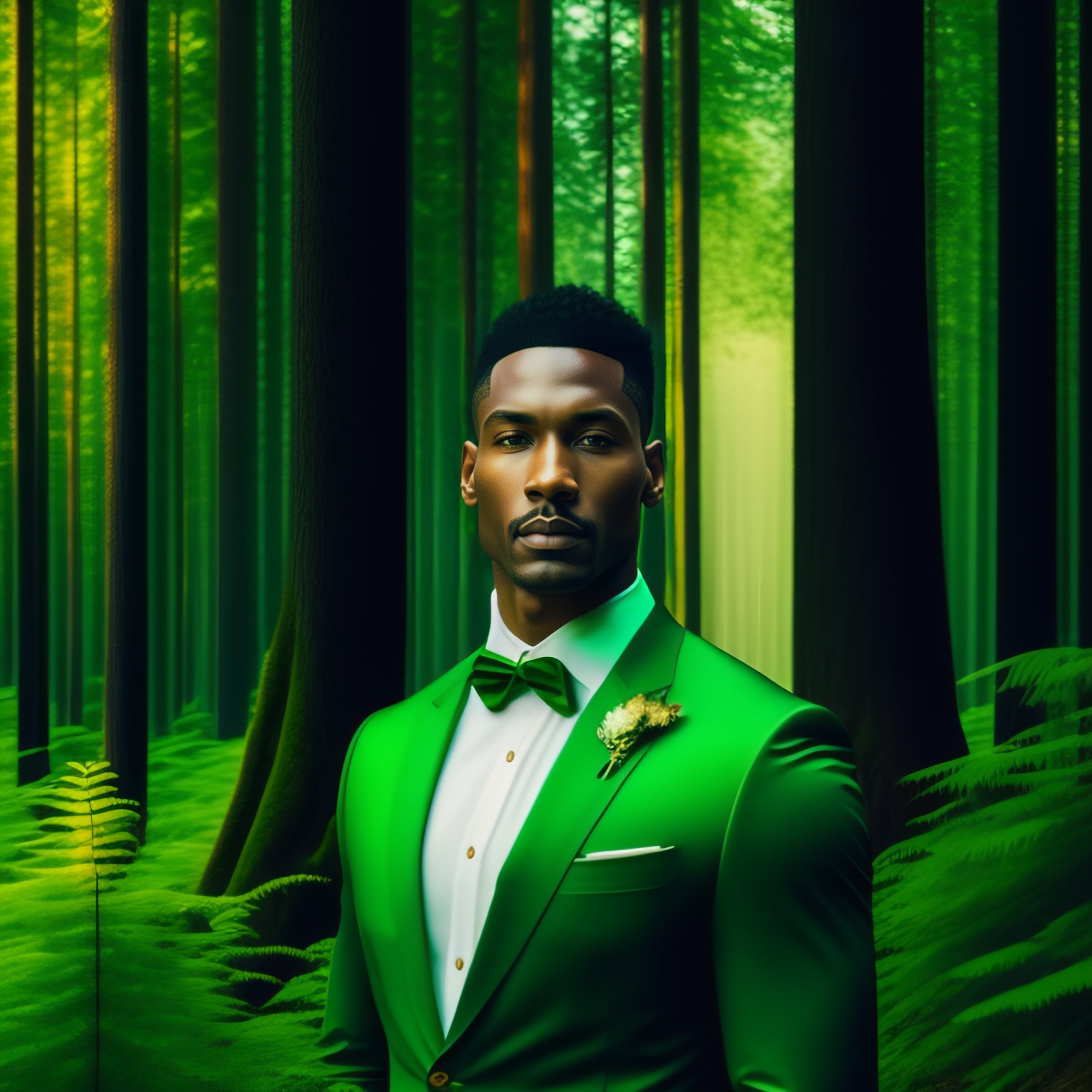 Lexica - A man in a green suit standing in a dimly lit forest