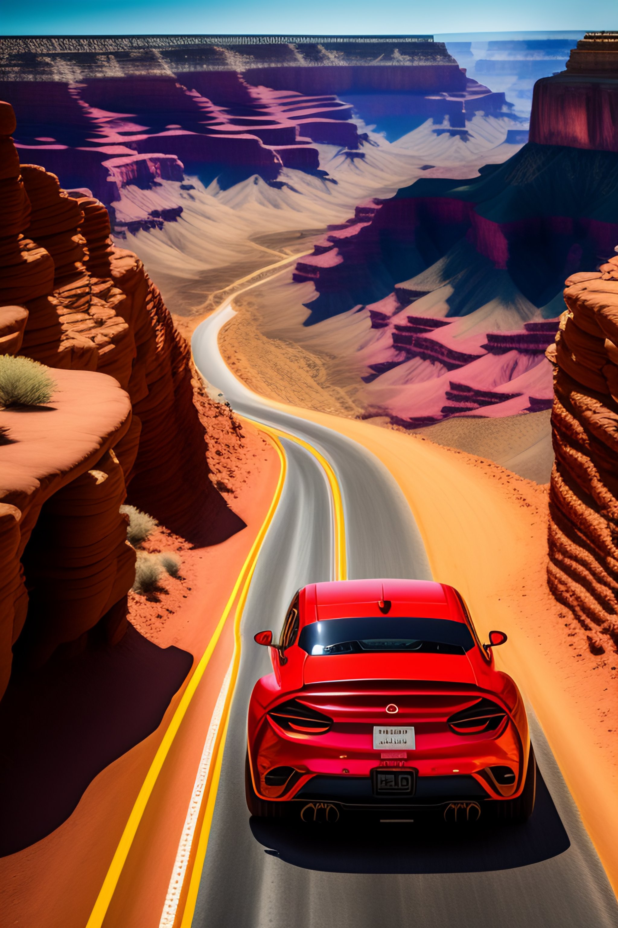 Lexica - A red car racing in a road behind the grand canyon.