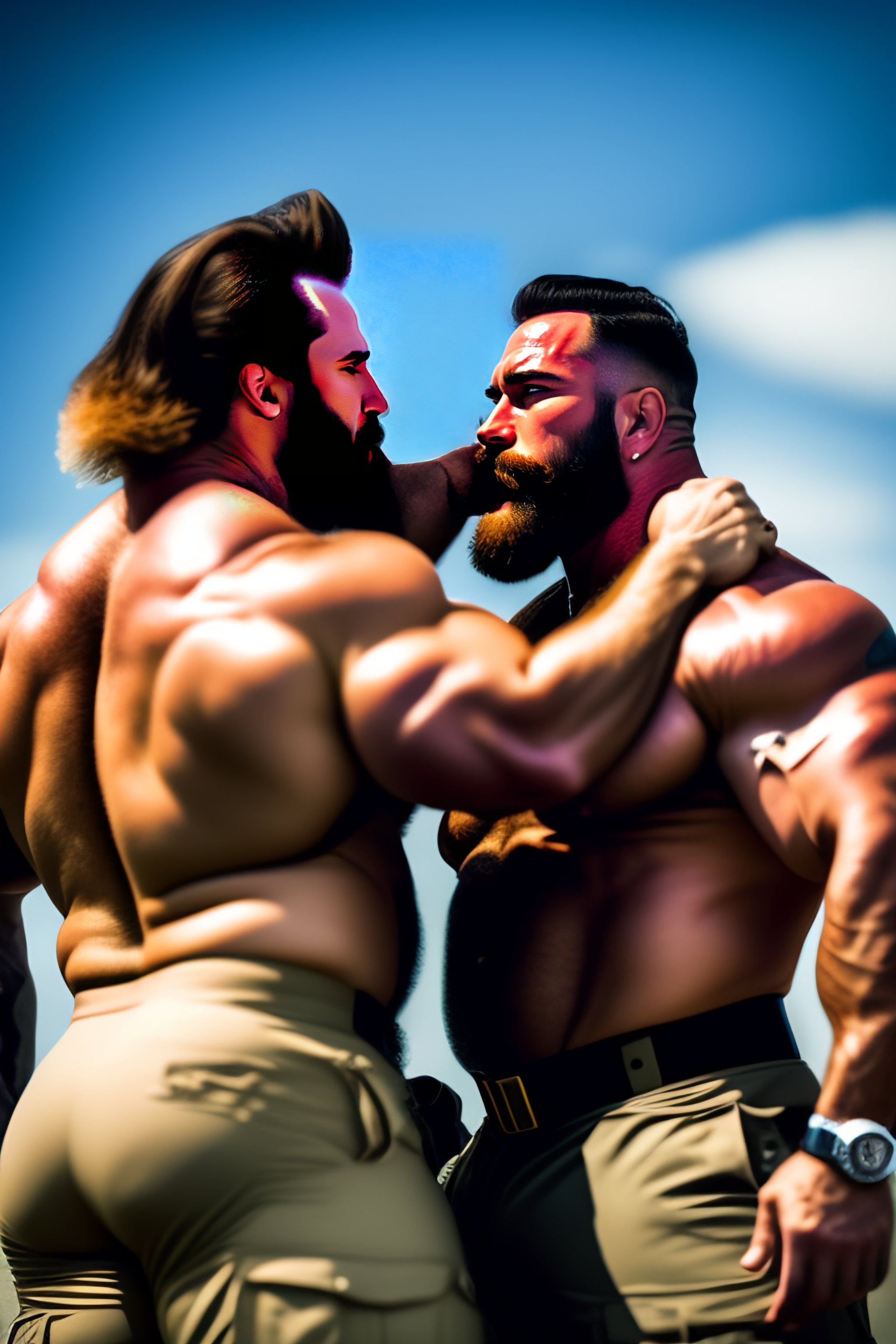 Lexica - Group of friendly burly hairy manly military strongmen kissing ...
